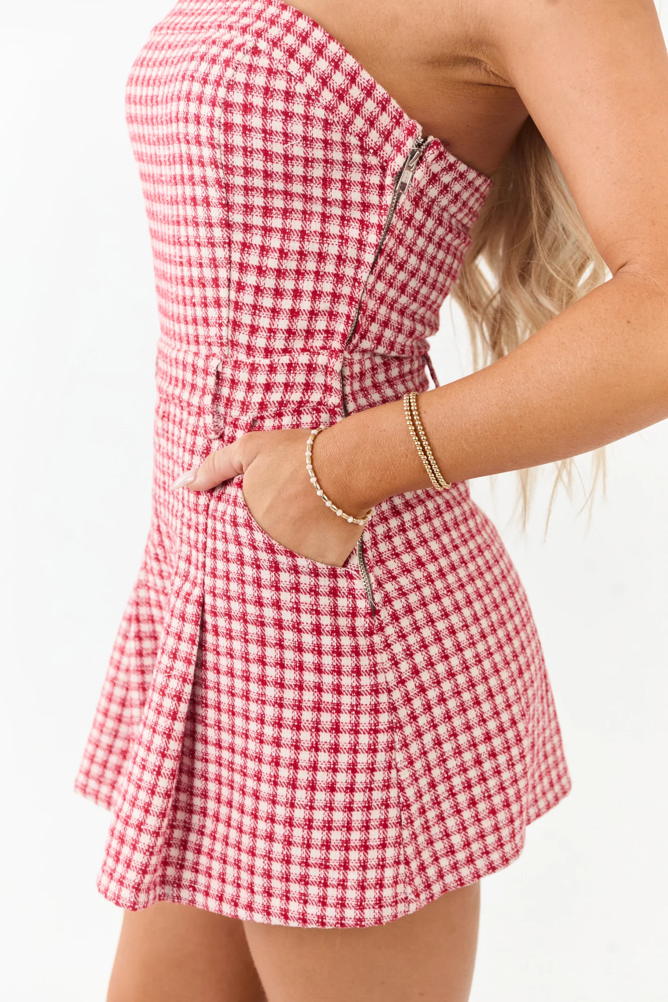 Cream Plaid Strapless Mini Dress Romper