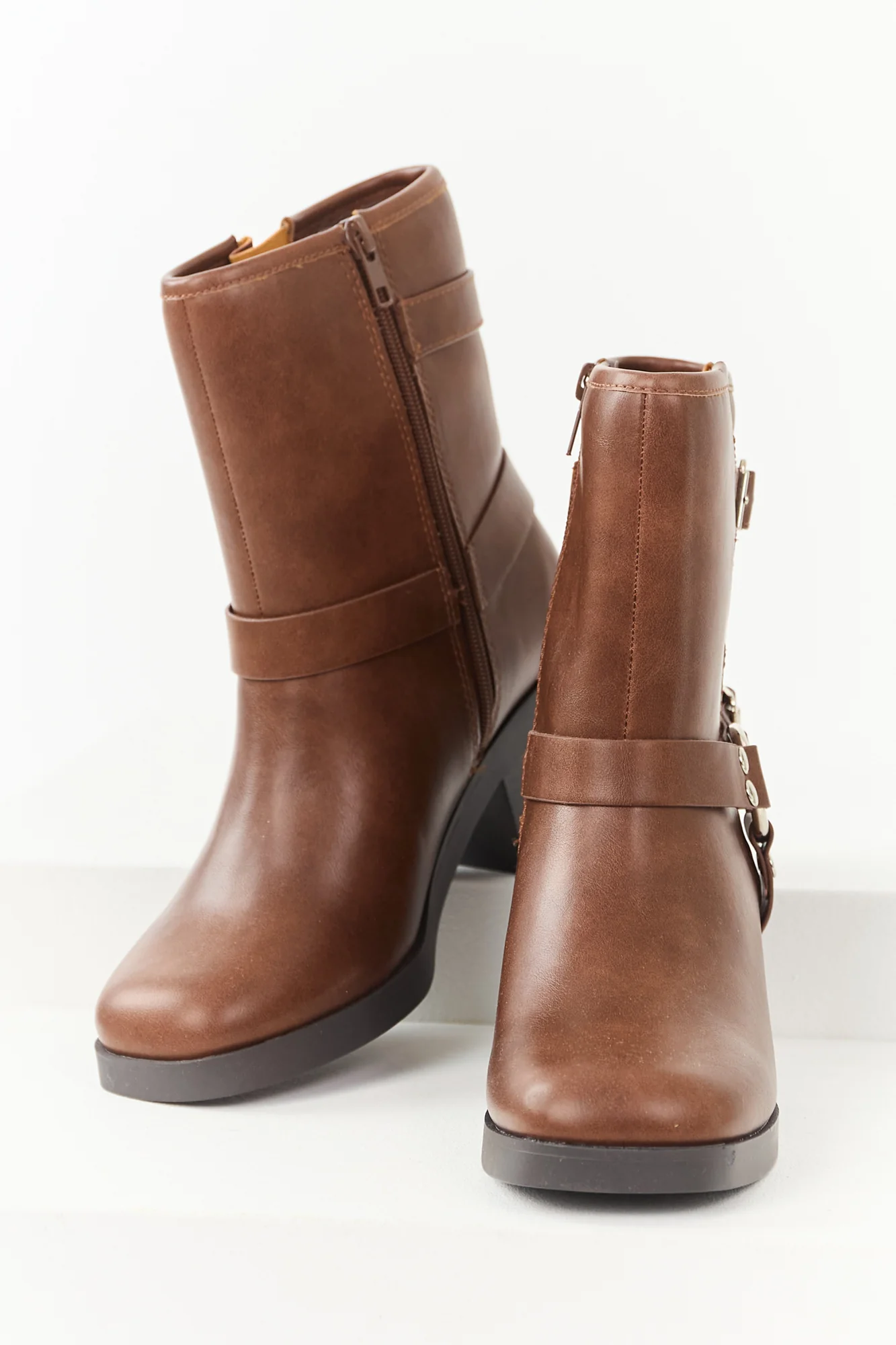 Brown Chunky Heel Buckle Strap Booties