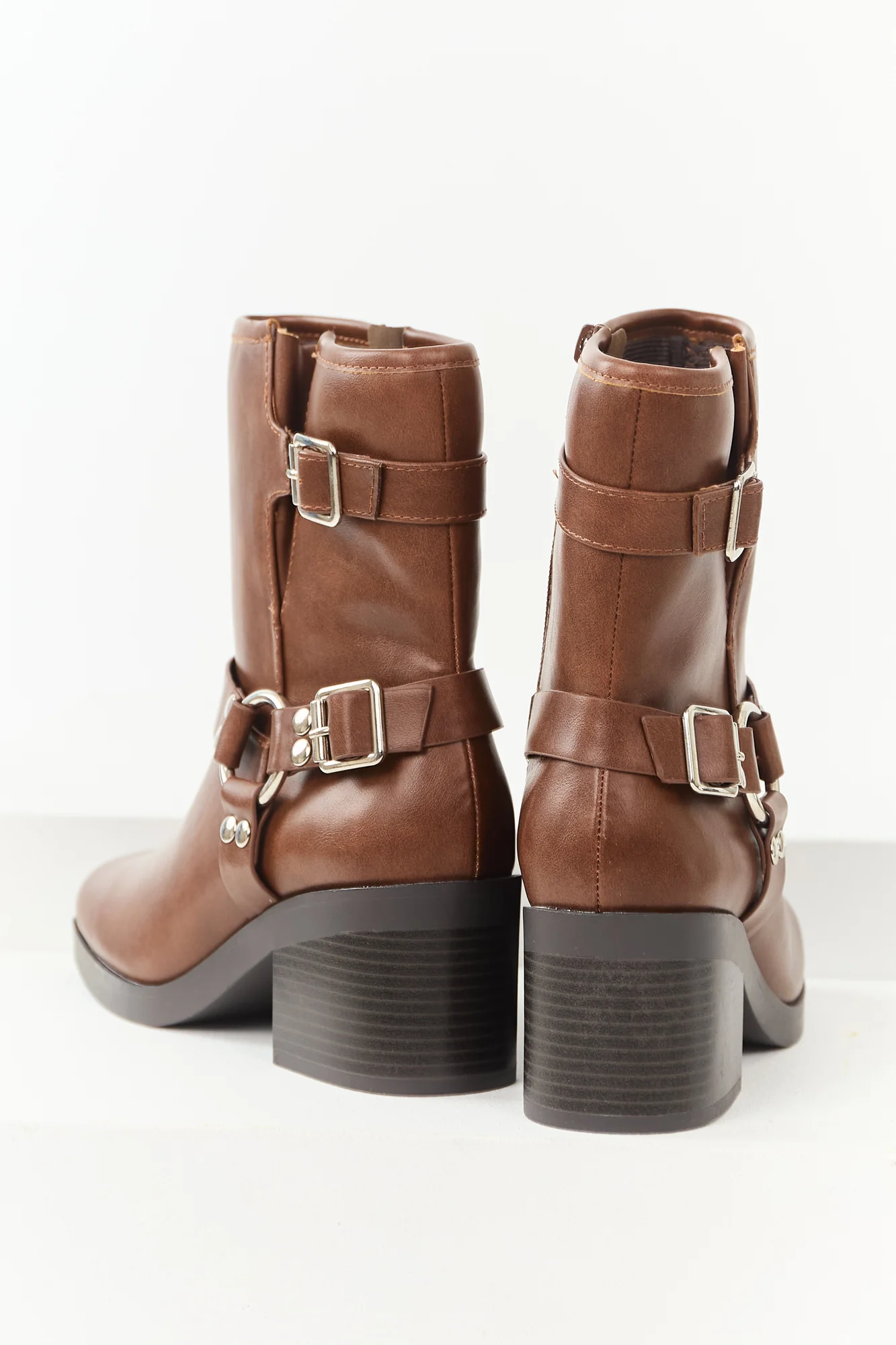 Brown Chunky Heel Buckle Strap Booties