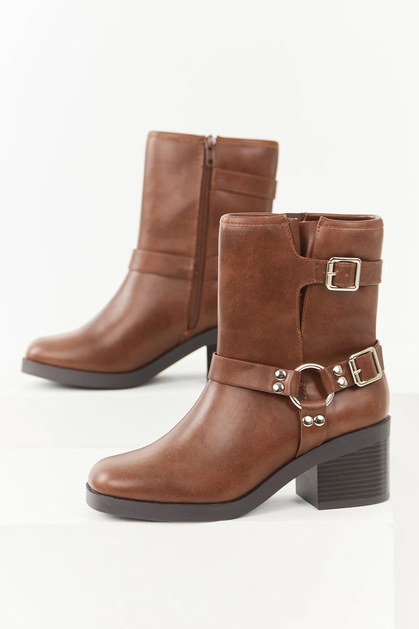 Brown Chunky Heel Buckle Strap Booties