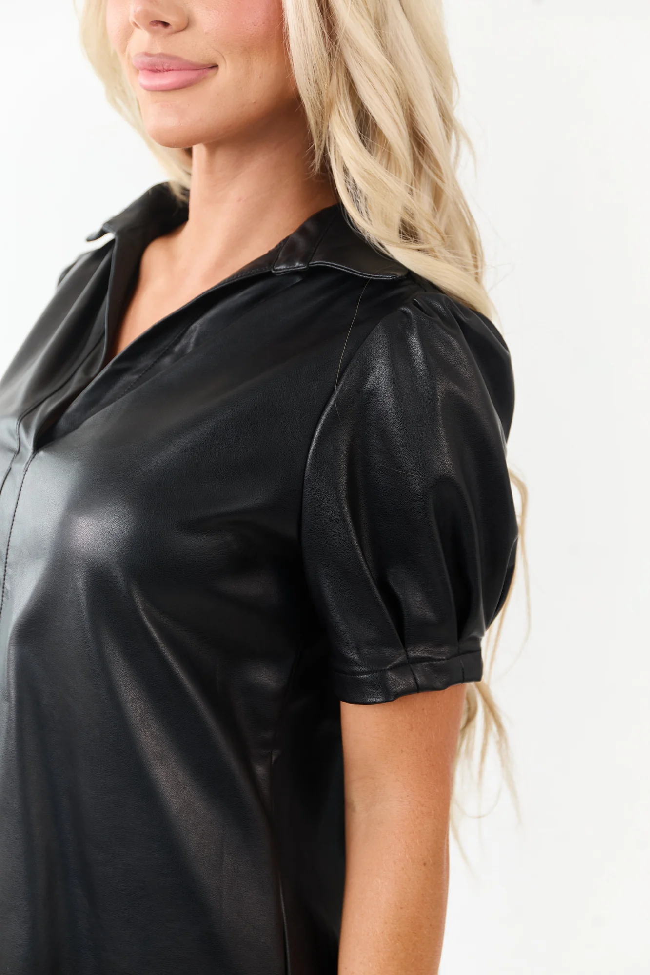 Chic Black Faux Leather Mini Dress with Pleated Puff Sleeves