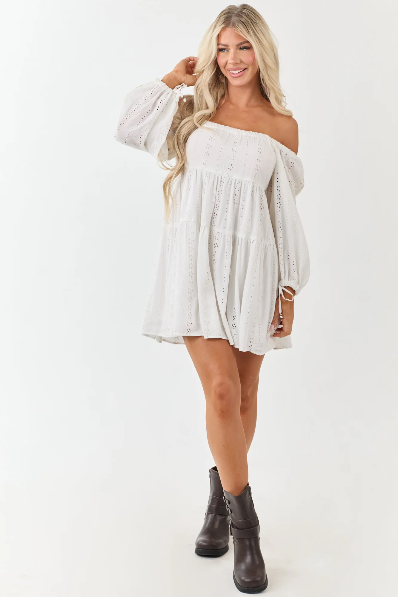 White Floral Eyelet Puff Sleeve Mini Dress
