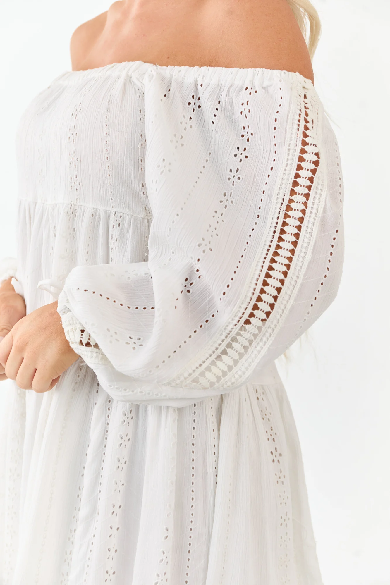 White Floral Eyelet Puff Sleeve Mini Dress