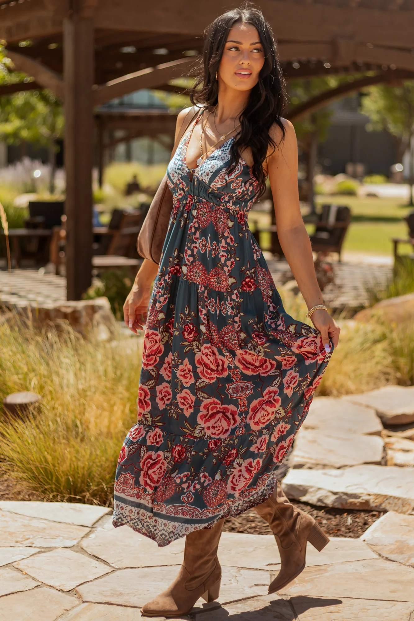 Floral Print V Neck Sleeveless Maxi Dress in Pine Green