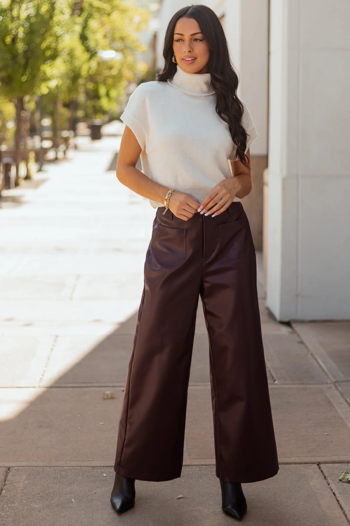 Wide Leg Chocolate Faux Leather Pants for Women