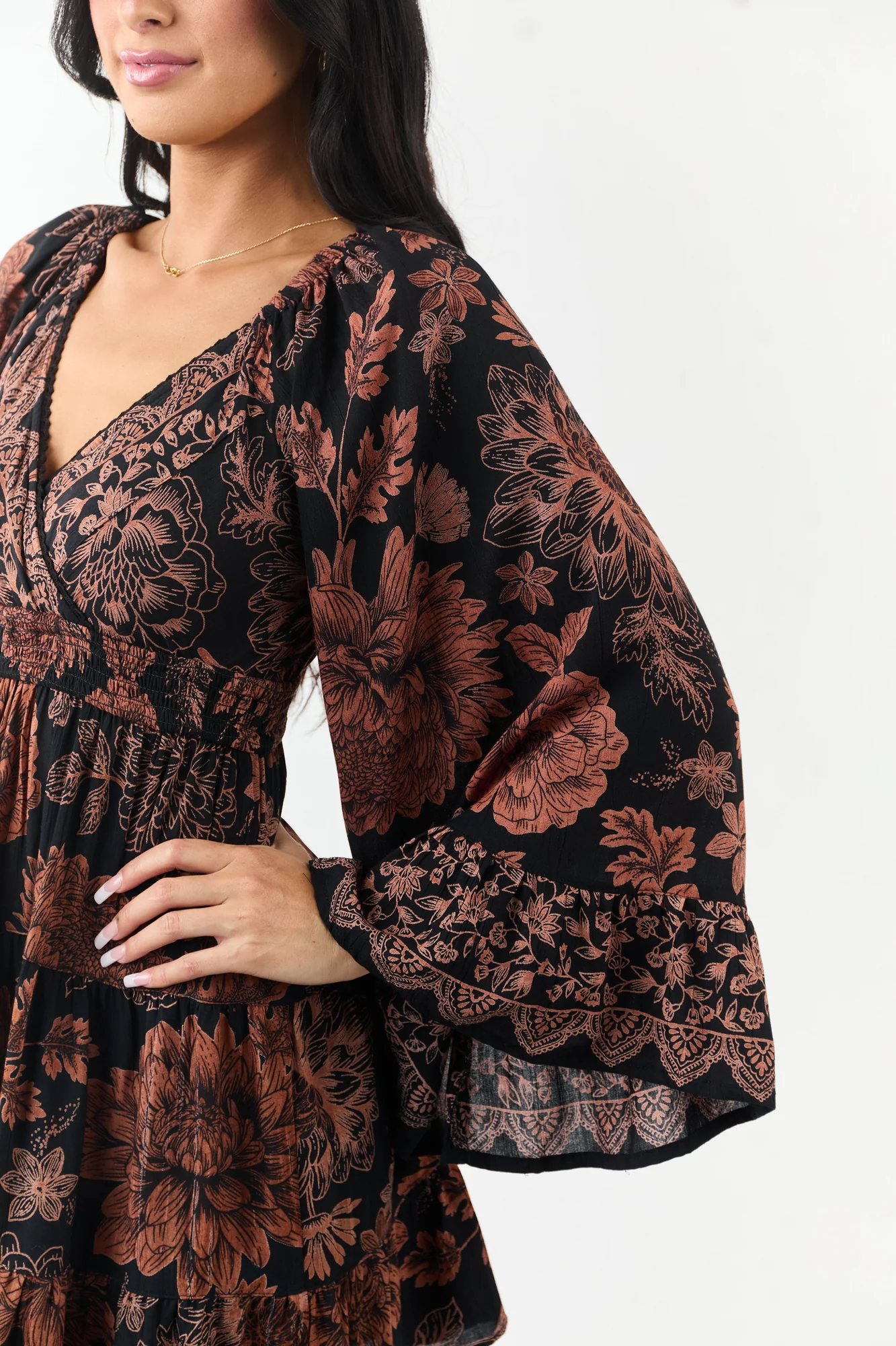 Floral Print Surplice Mini Dress with Copper Accents