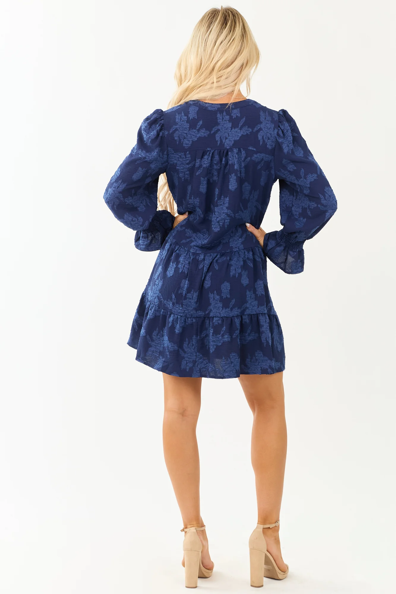 Floral Jacquard Tiered Navy Short Dress