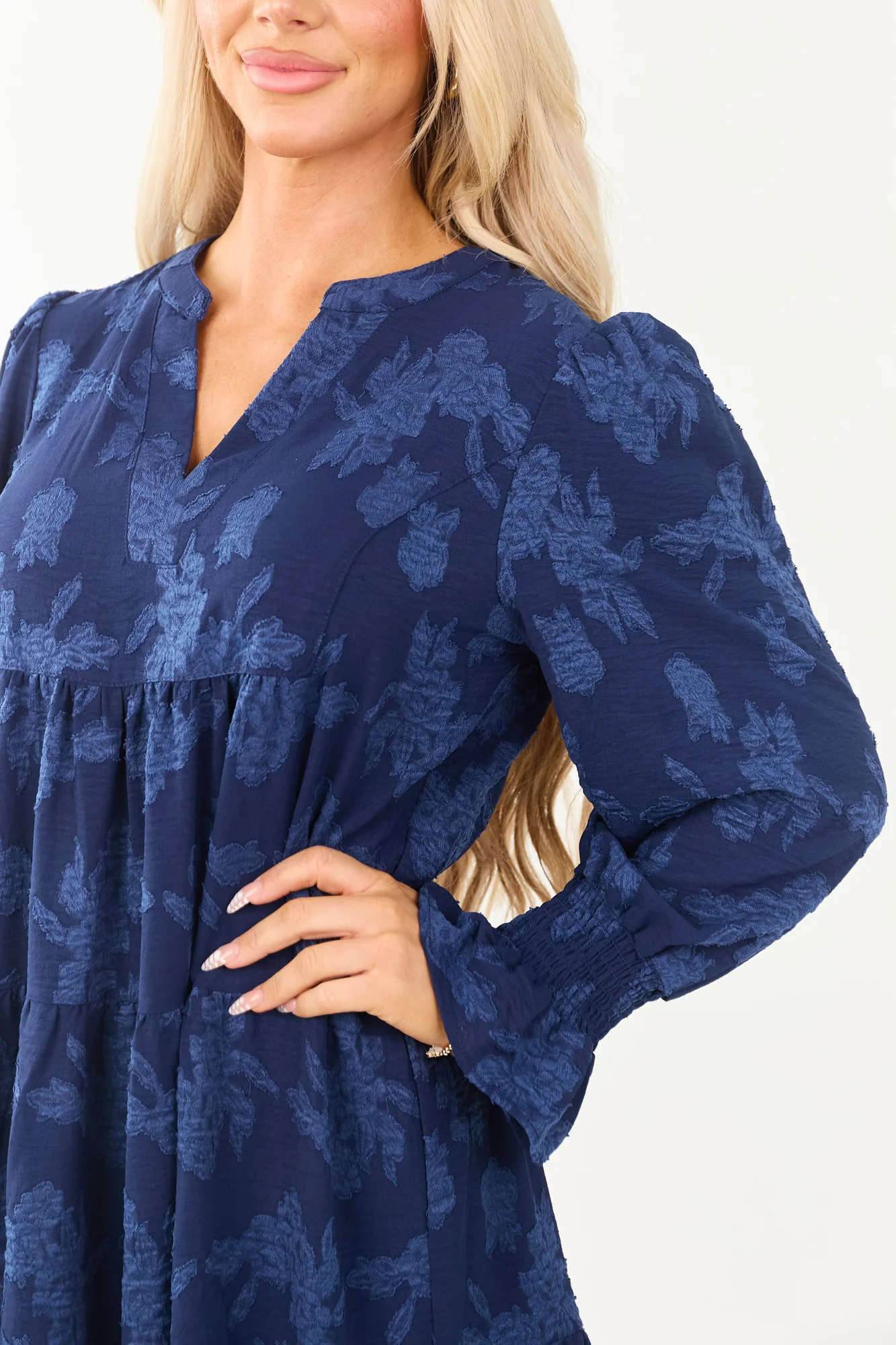 Floral Jacquard Tiered Navy Short Dress