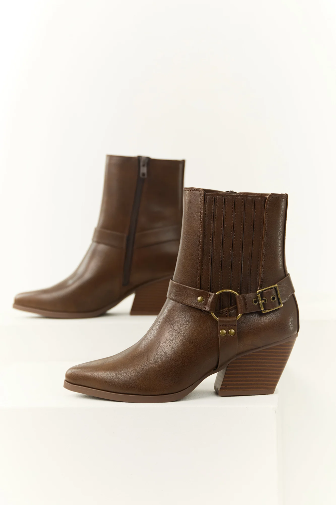 Brown Faux Leather Buckle Strap Ankle Booties
