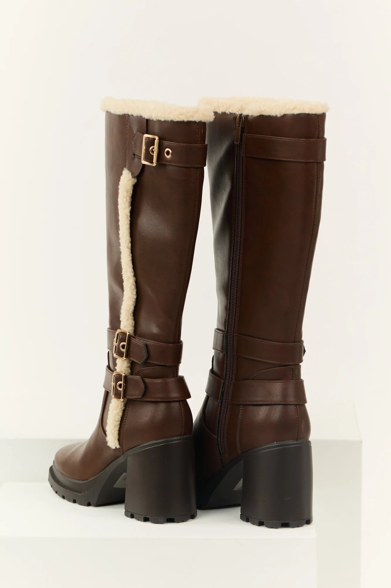 Brown Faux Leather Sherpa Lined Platform Boots