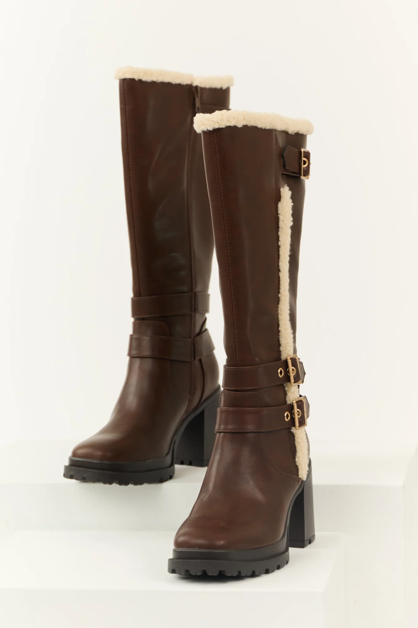 Brown Faux Leather Sherpa Lined Platform Boots