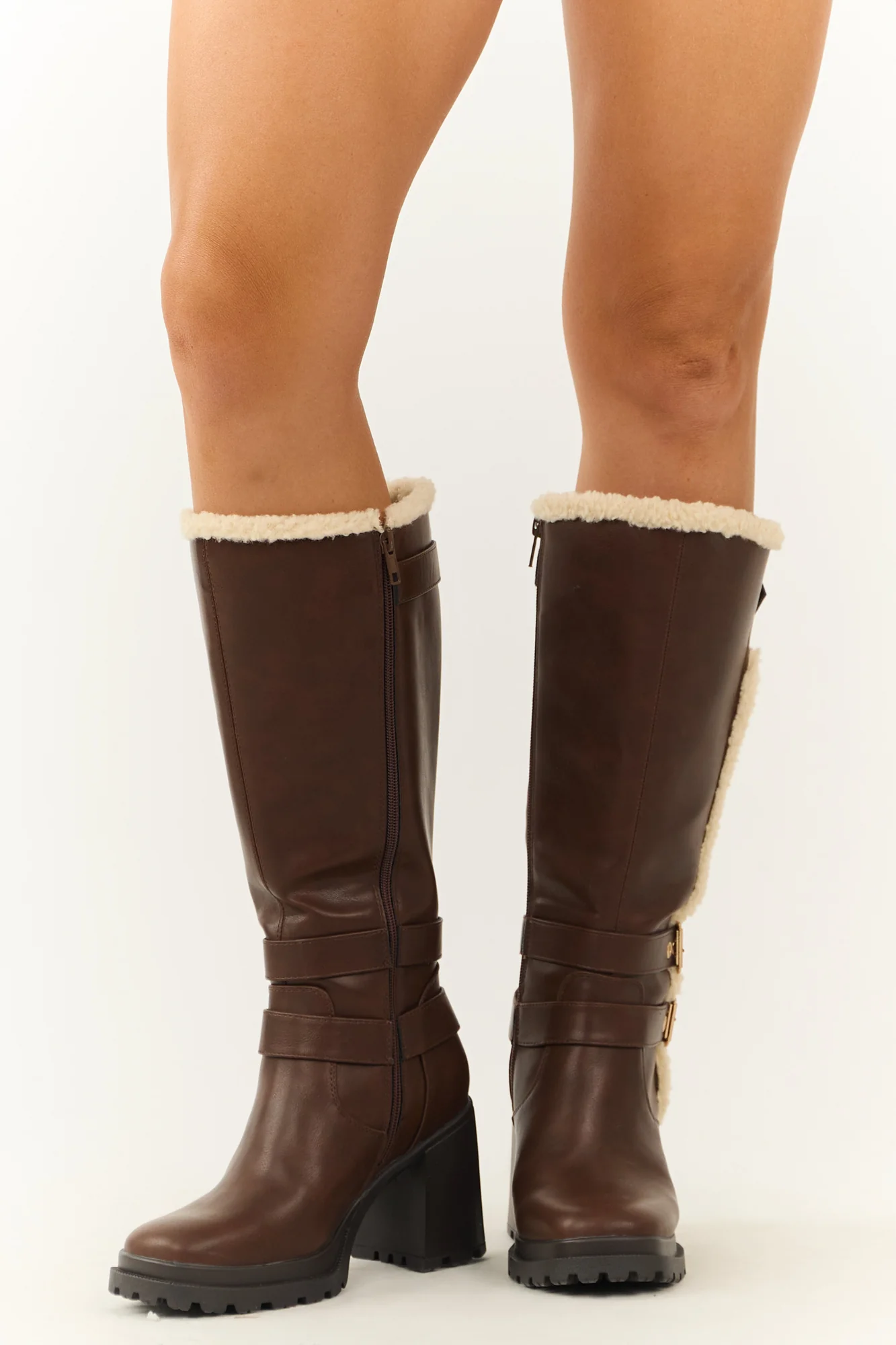 Brown Faux Leather Sherpa Lined Platform Boots