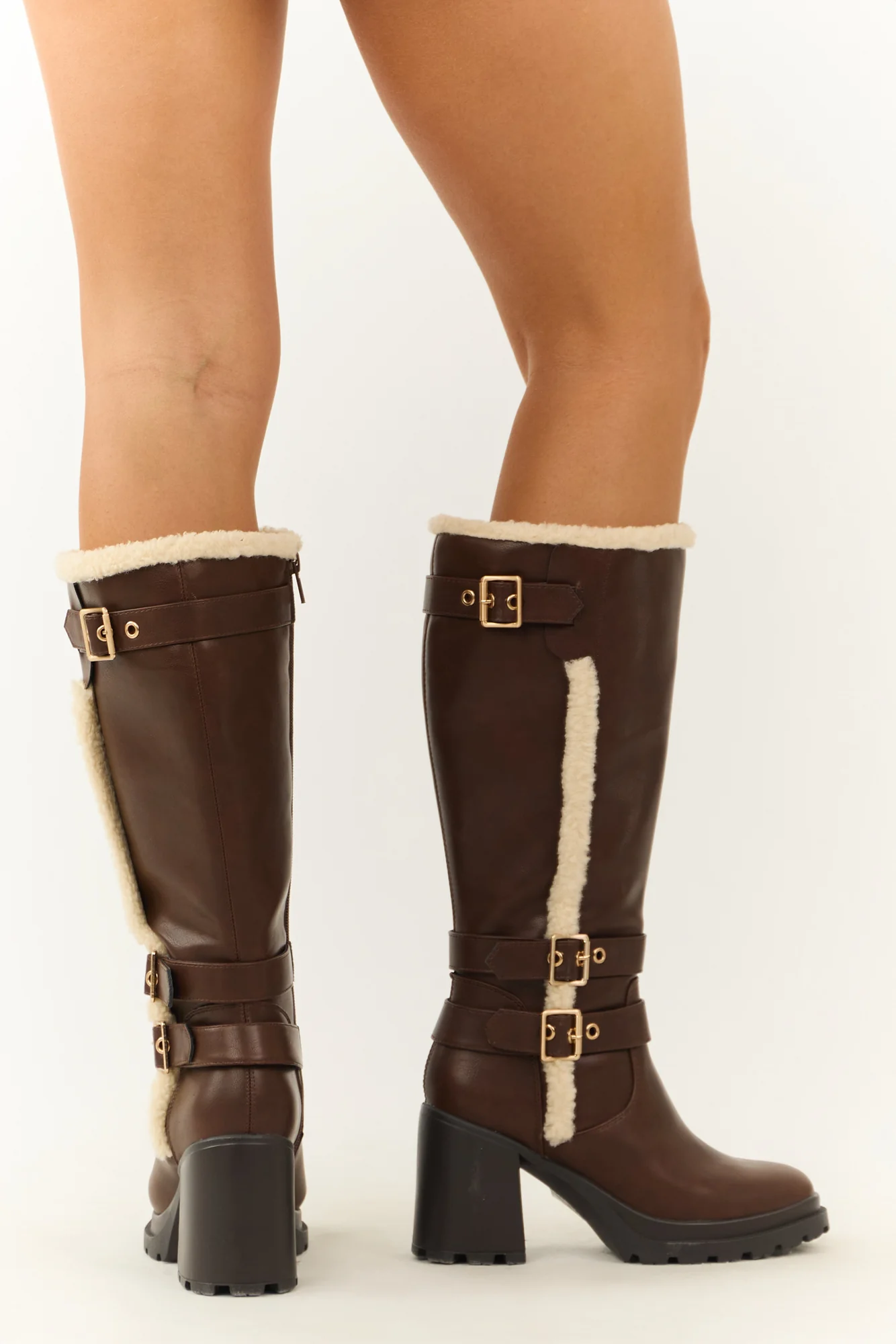 Brown Faux Leather Sherpa Lined Platform Boots
