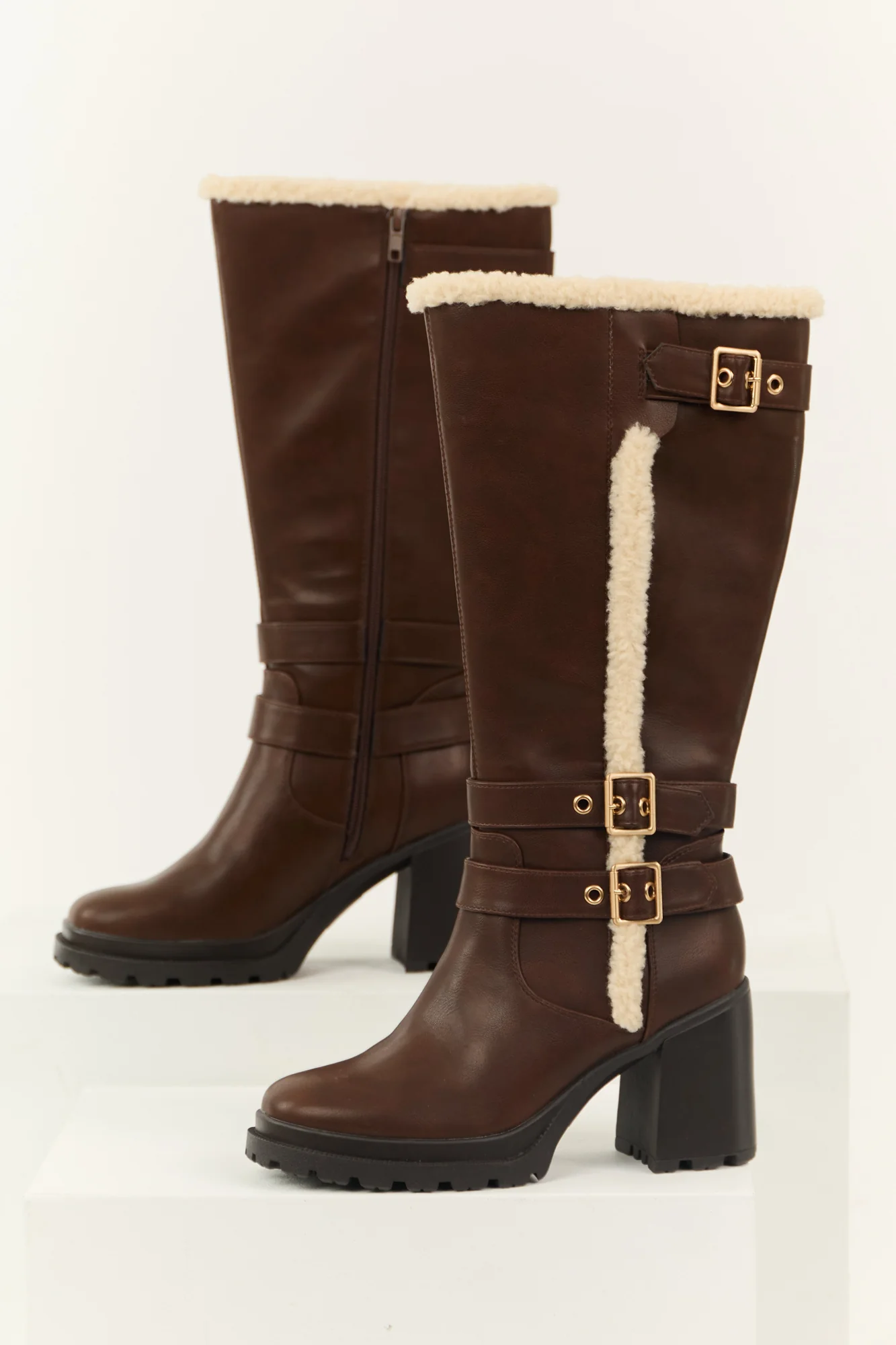 Brown Faux Leather Sherpa Lined Platform Boots
