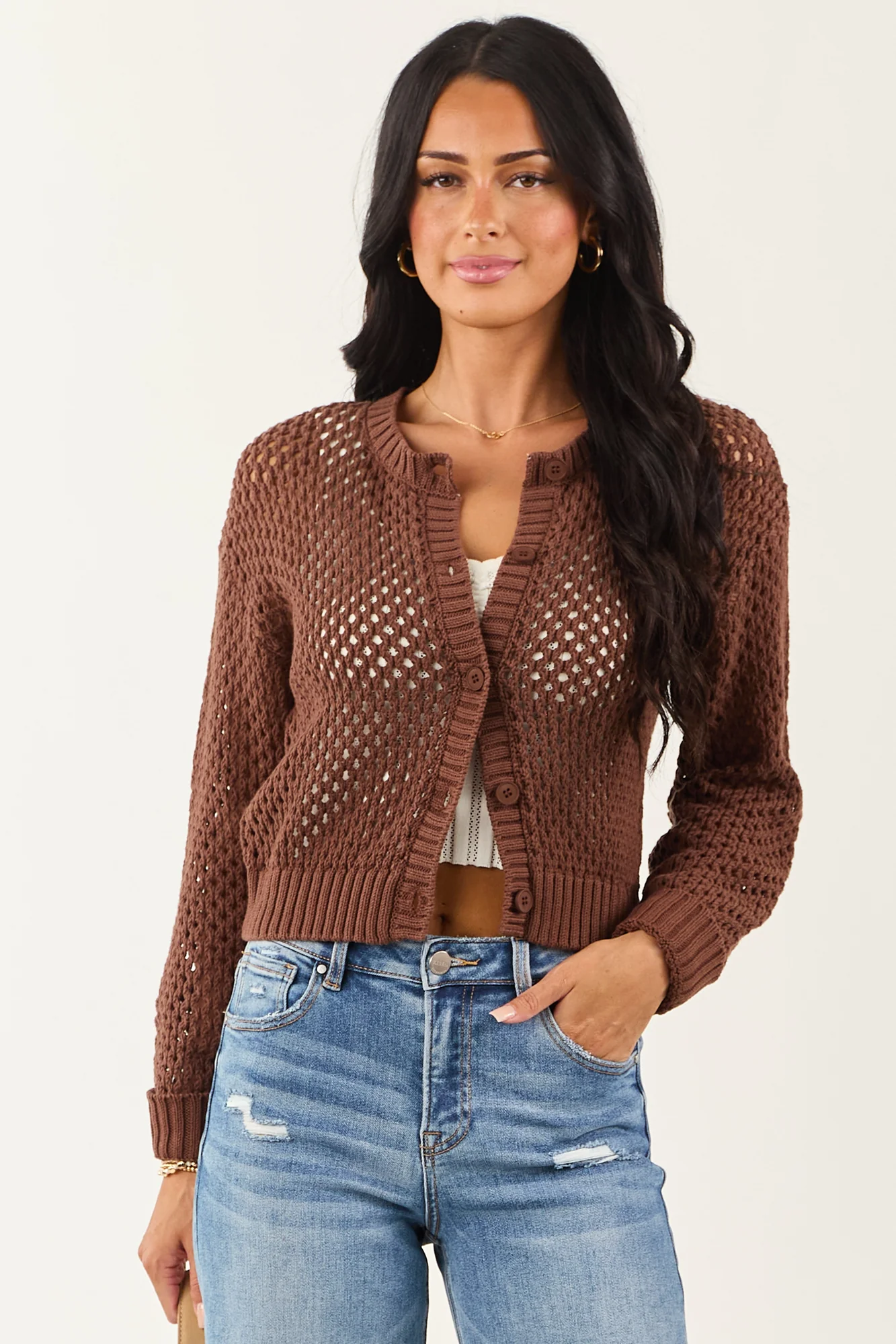 Brown Chunky Knit Button Front Cardigan