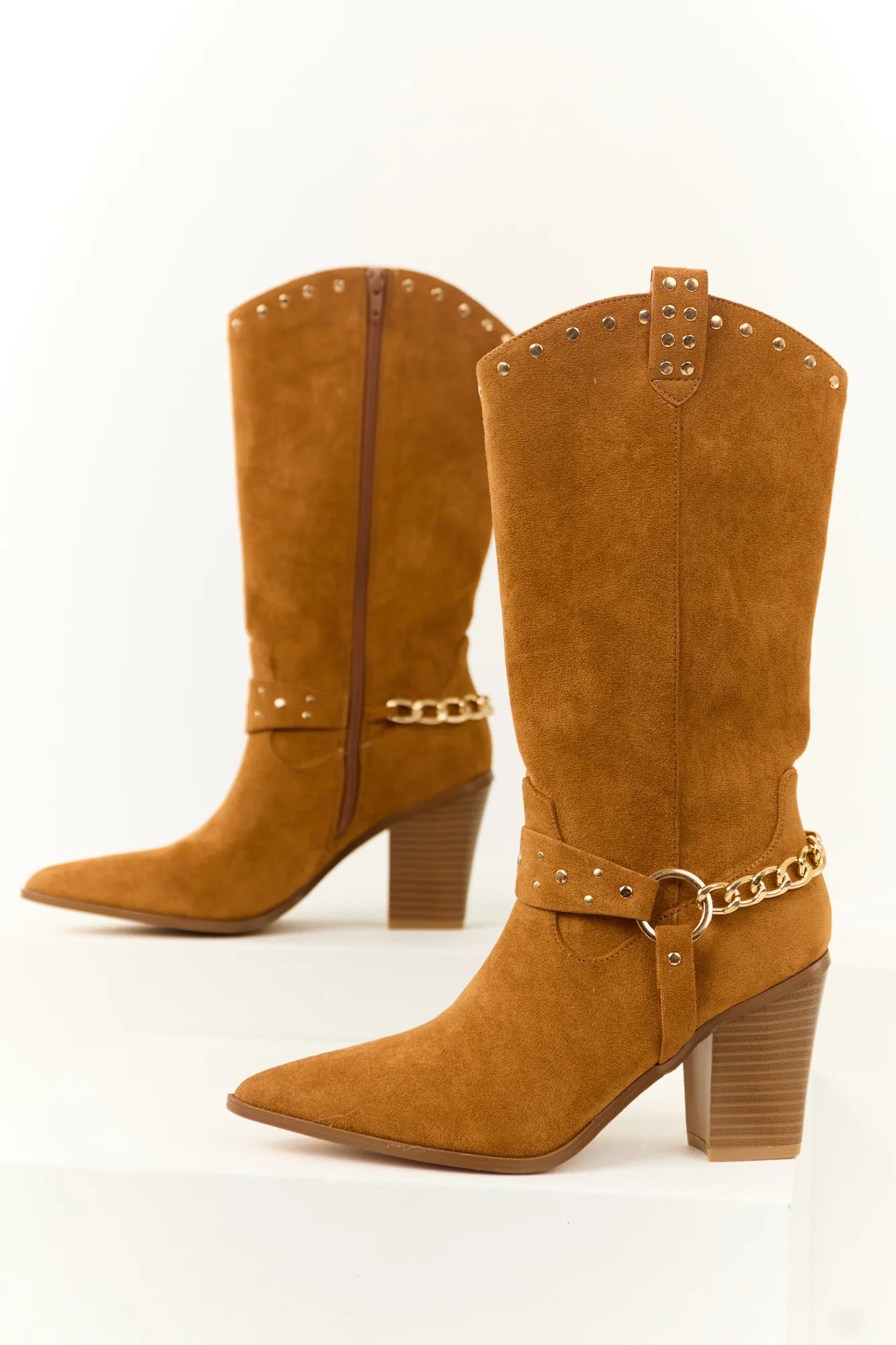 Brown Studded Faux Suede Boots Womens Chunky Heels