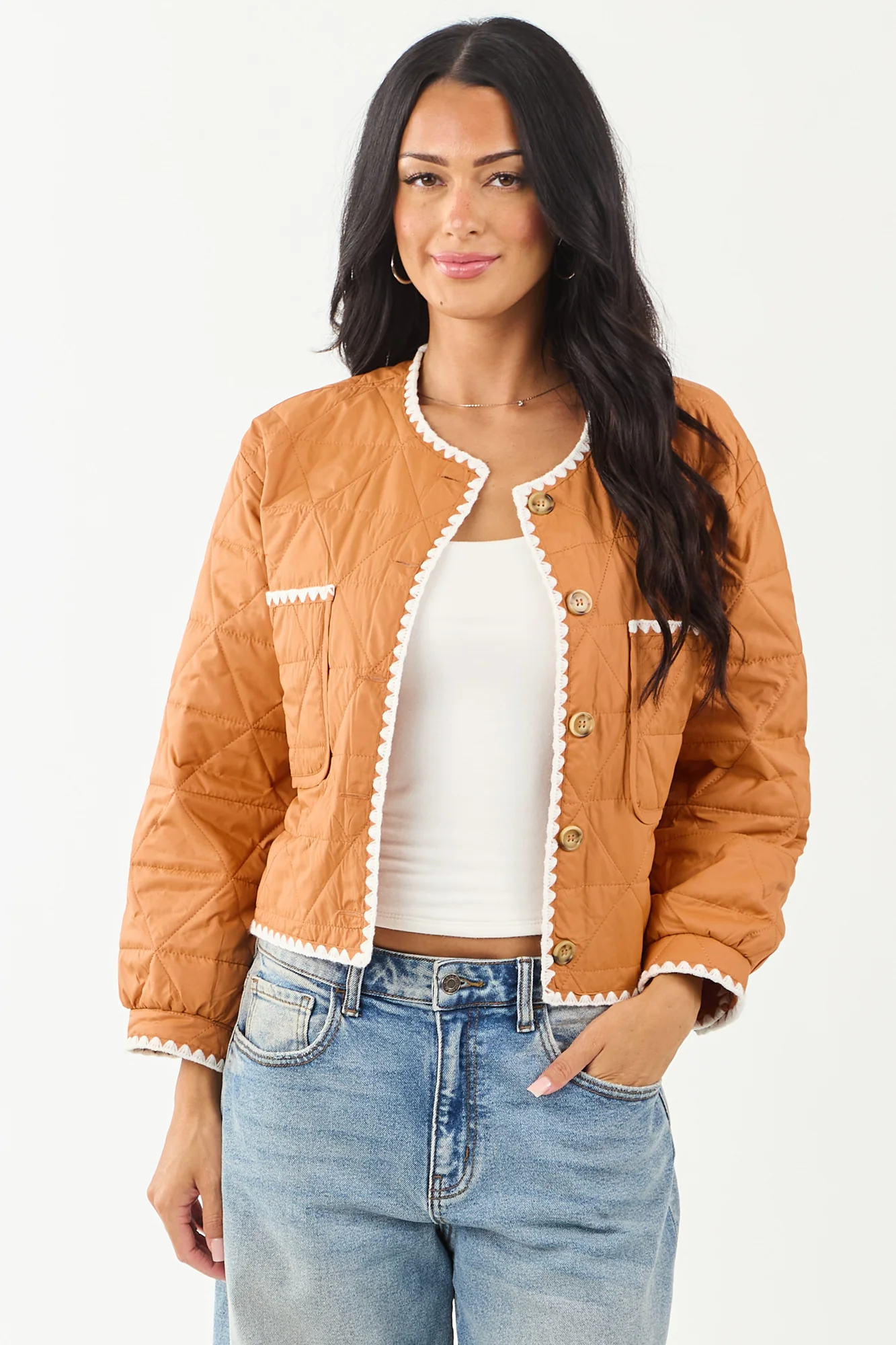 Quilted Button-Up Contrast Trim Jacket in Sedona Color
