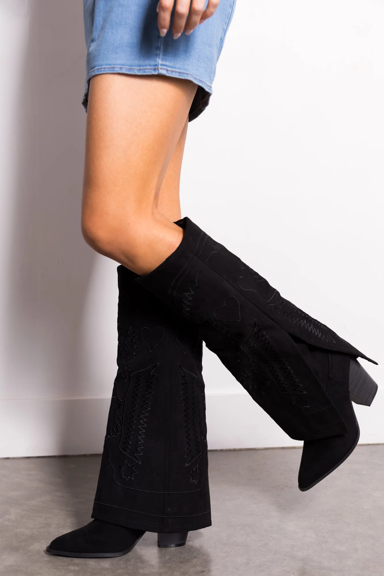 Black Suede Western Knee-High Boots
