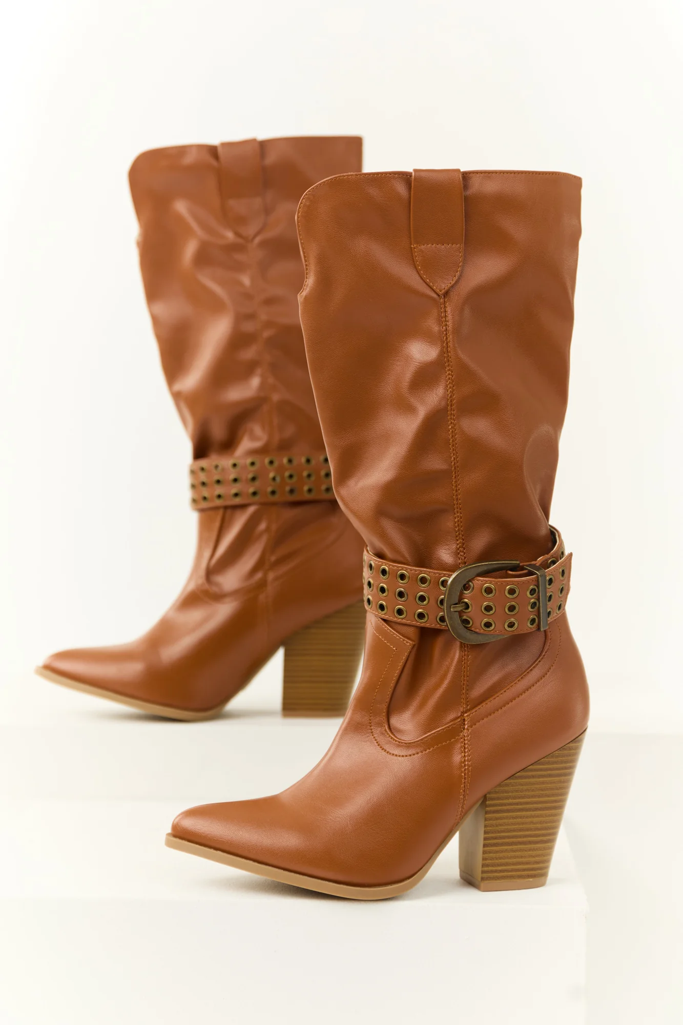 Brown Buckled Heeled Boots - Stacked Heel Pointed Toe