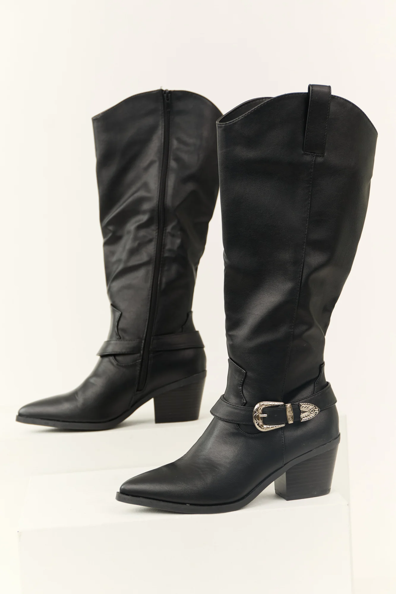 Black Faux Leather Ankle Buckle Block Heel Boot