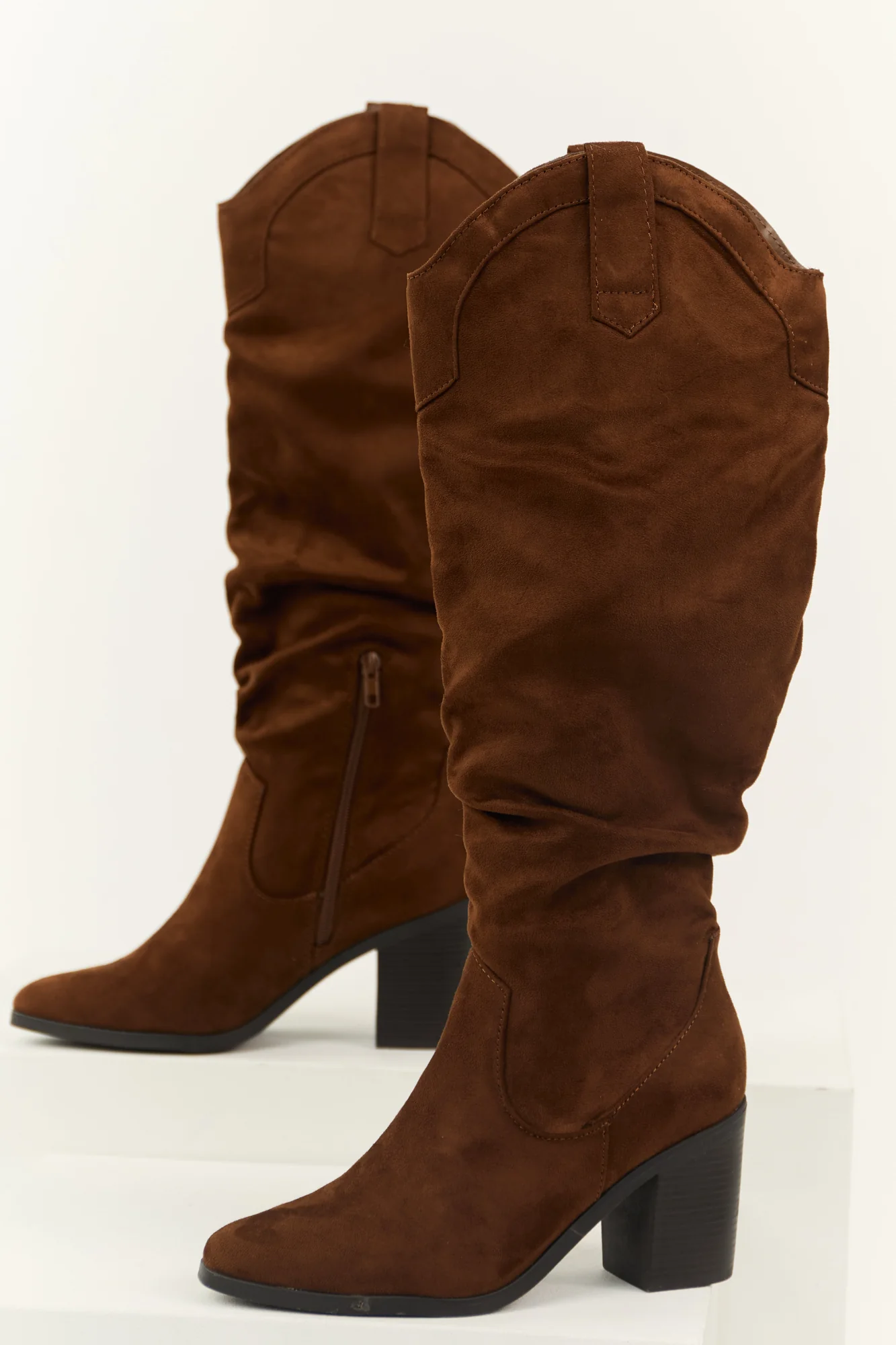 Brown Knee High Heeled Boots - Fashionable Faux Suede Style