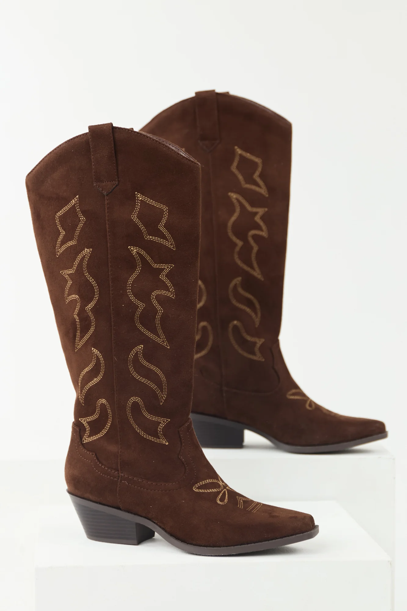 Brown Western Style Faux Suede Embroidered Boots