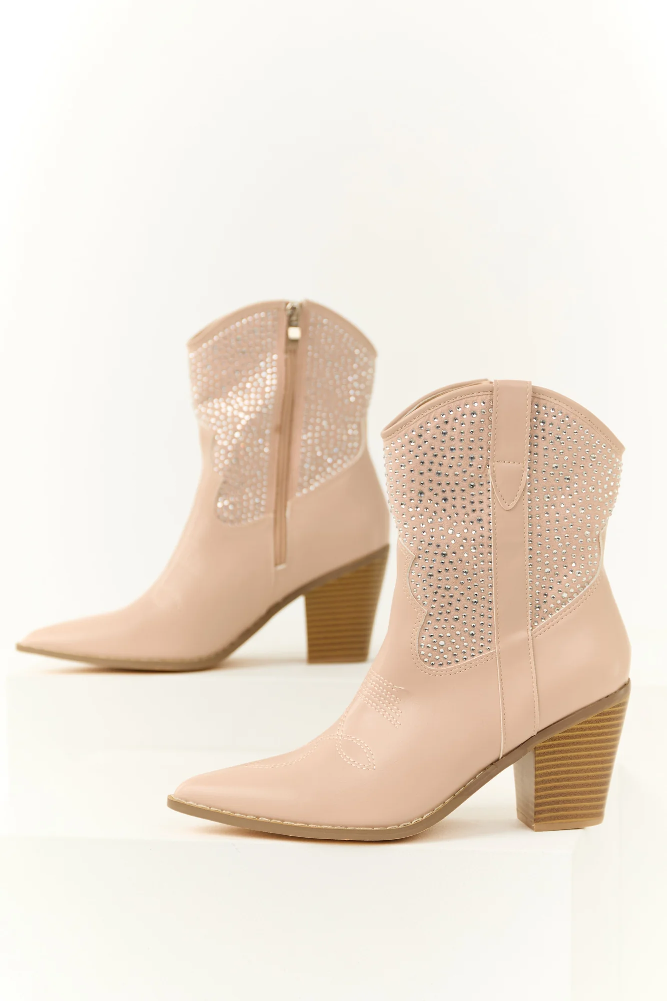 Western Style Rhinestone Embellished Block Heel Booties