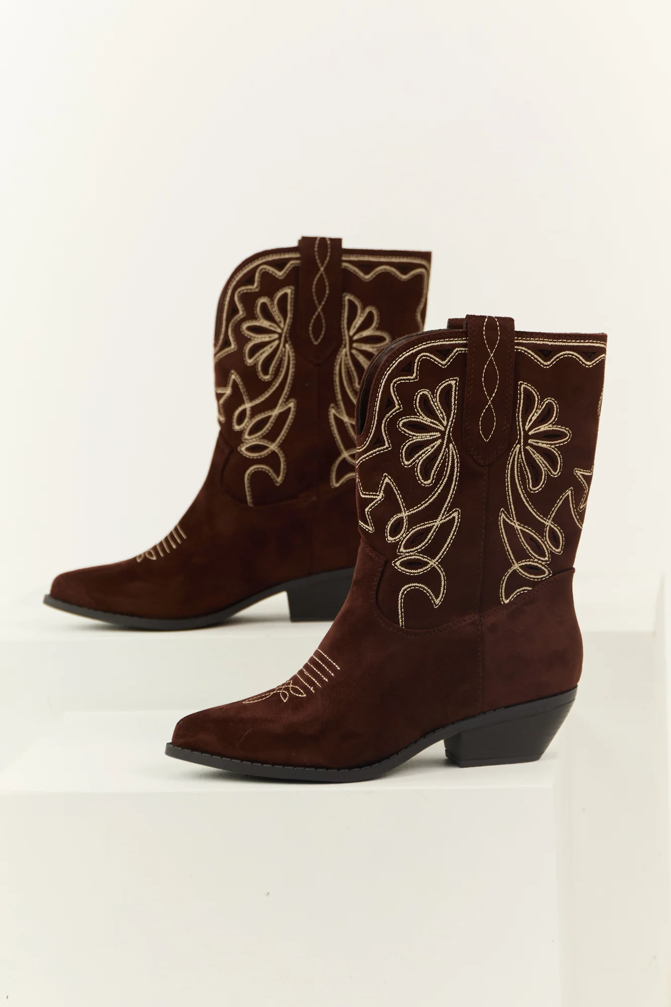 Brown Embroidered Block Heel Mid Calf Boots