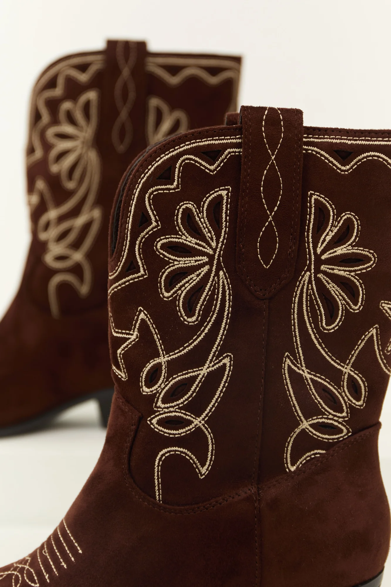 Brown Embroidered Block Heel Mid Calf Boots