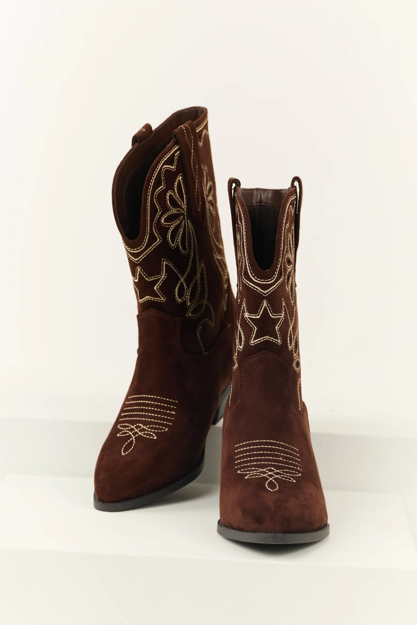 Brown Embroidered Block Heel Mid Calf Boots
