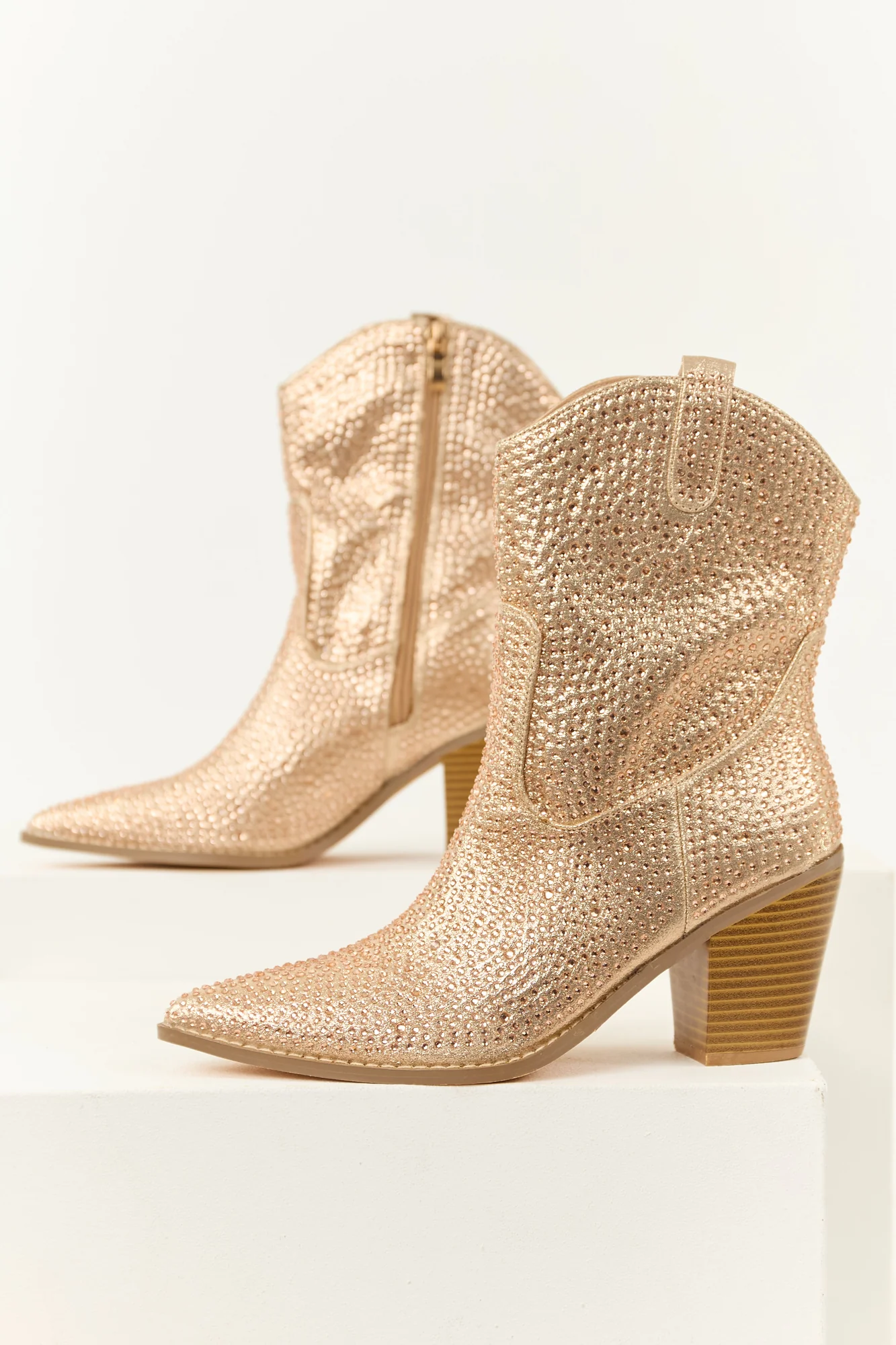Gold Rhinestone Embellished Pointed Toe Booties