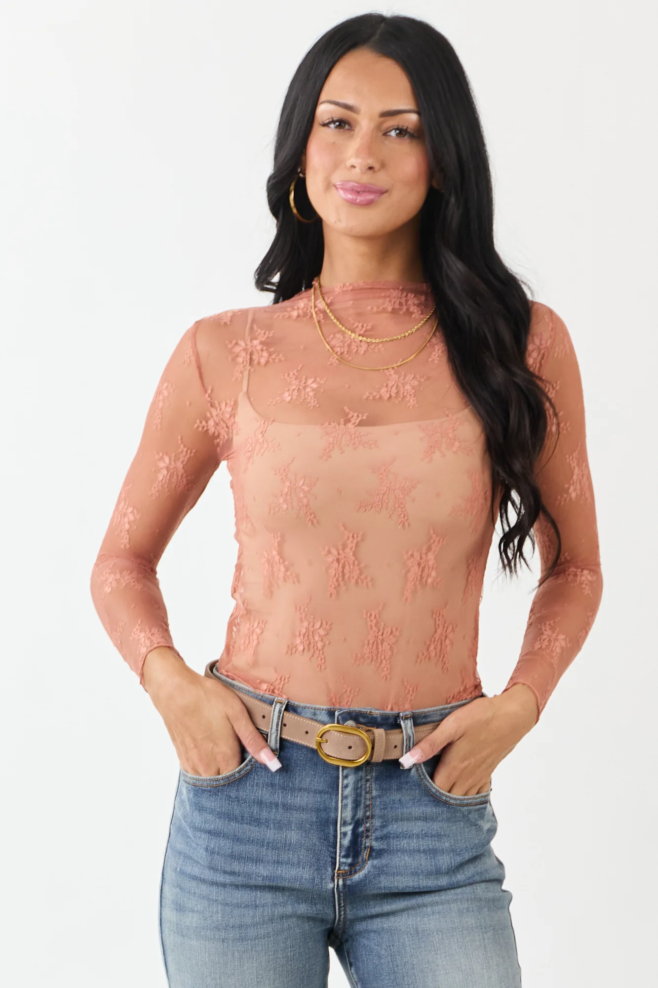 Sheer Floral Mesh Lace High-Neck Top in Melon