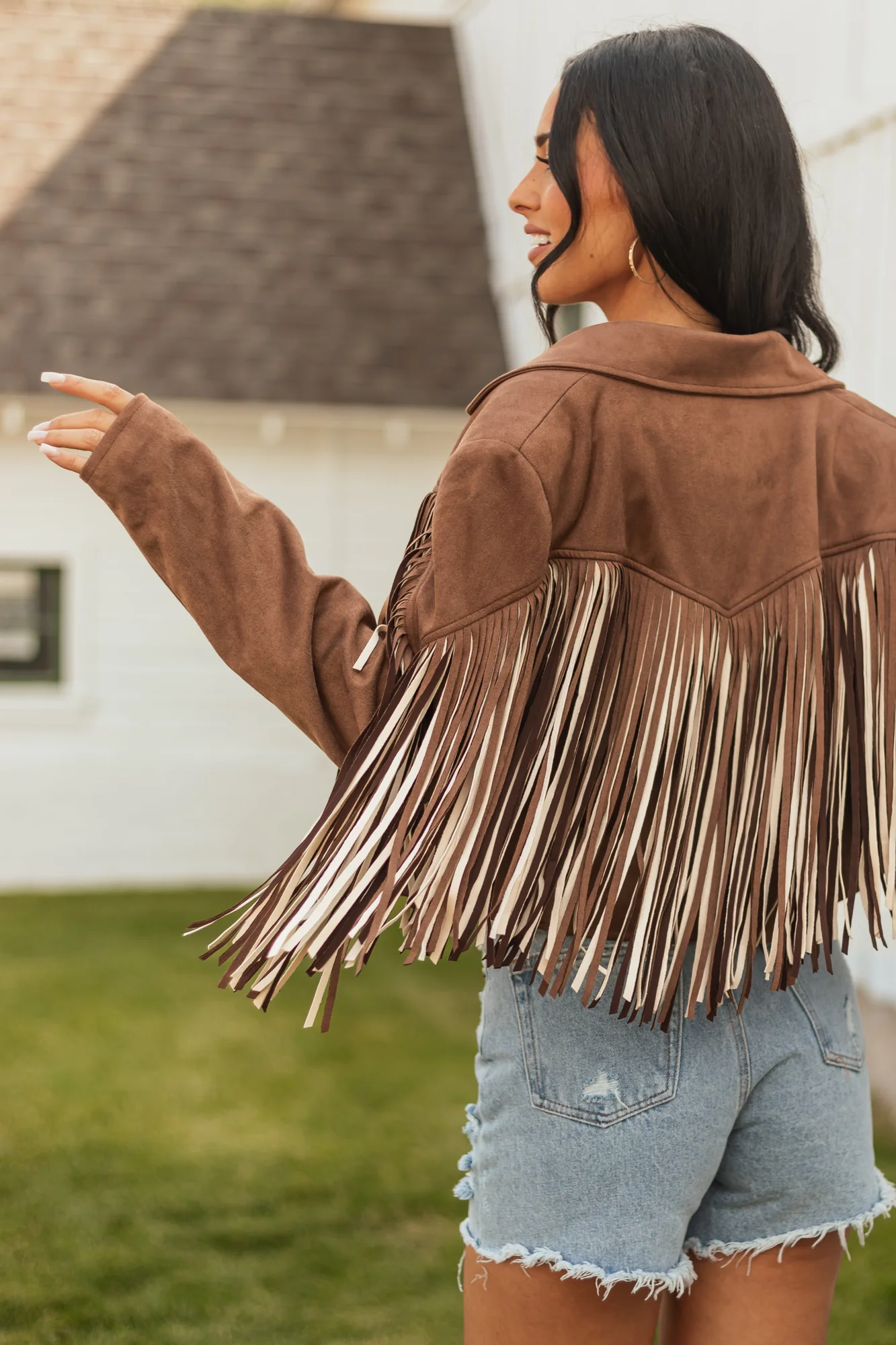 Fringe Faux Suede Open Front Jacket in Walnut Color