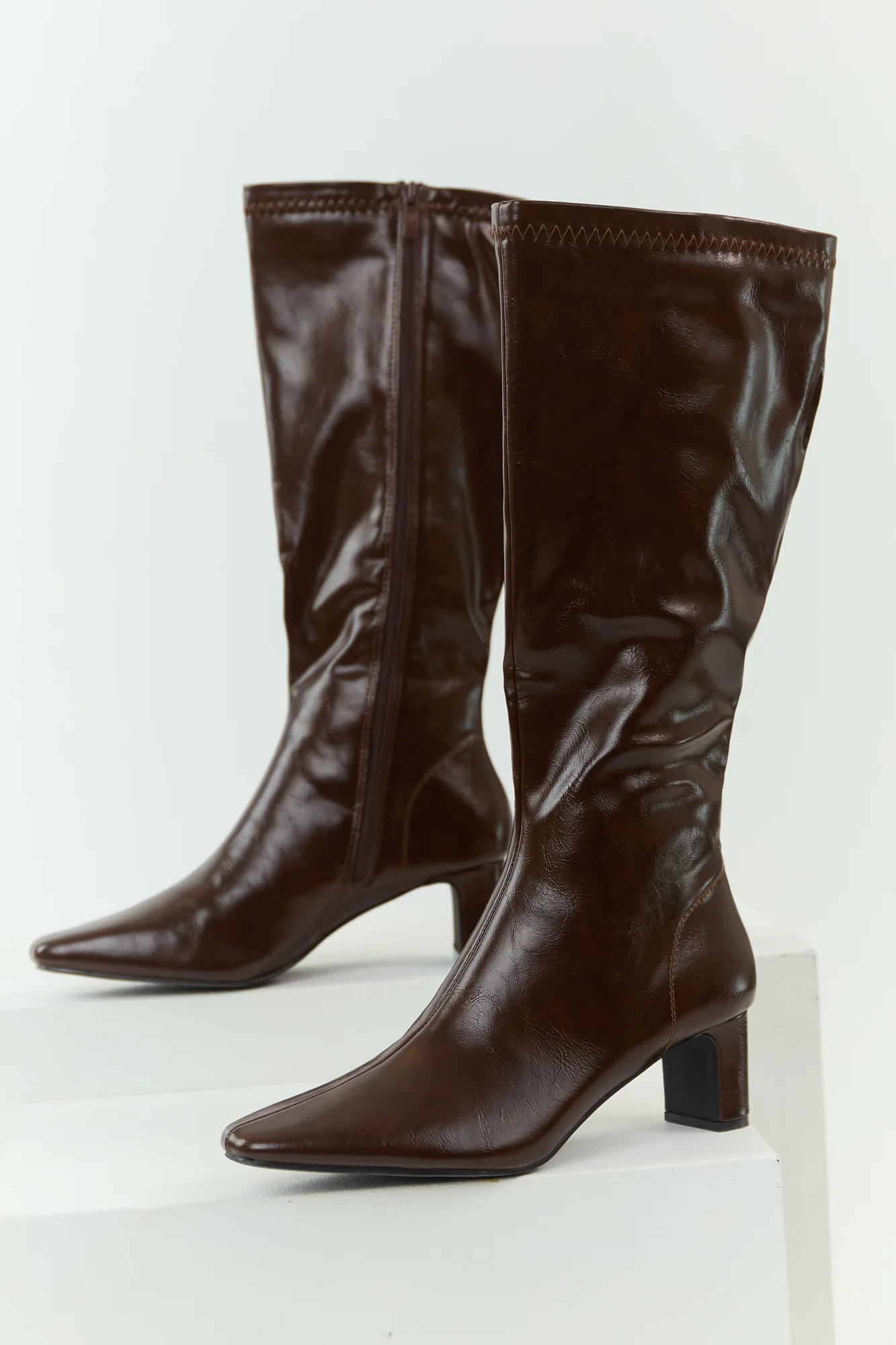 Brown Faux Leather Block Heel Boots - Stylish Pointed Toe Design