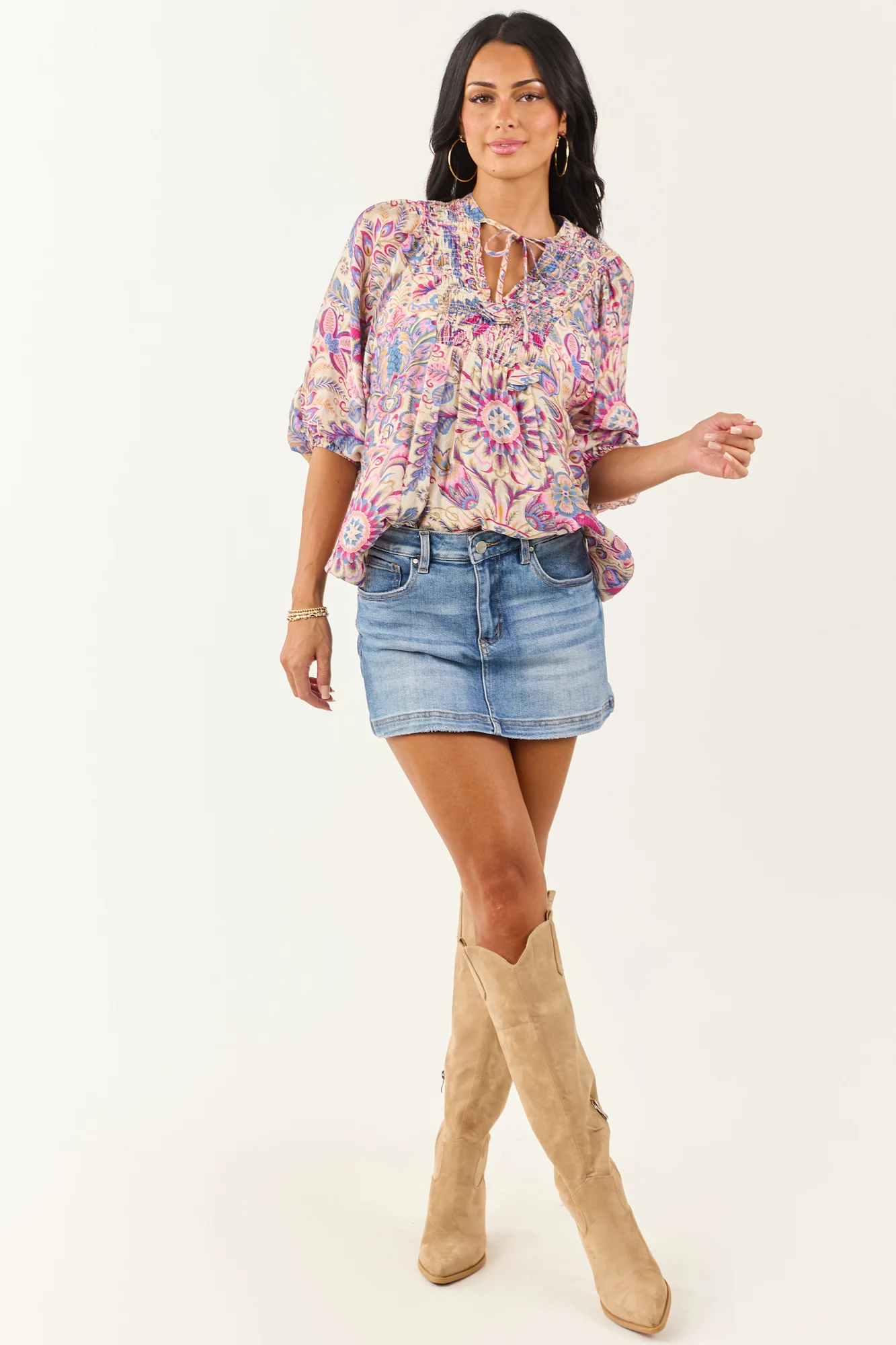 Boho Scarf Print Relaxed Half Sleeve Top