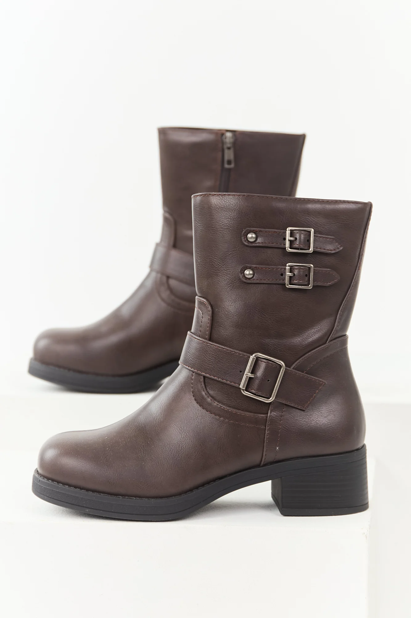 Brown Faux Leather Block Heel Boots