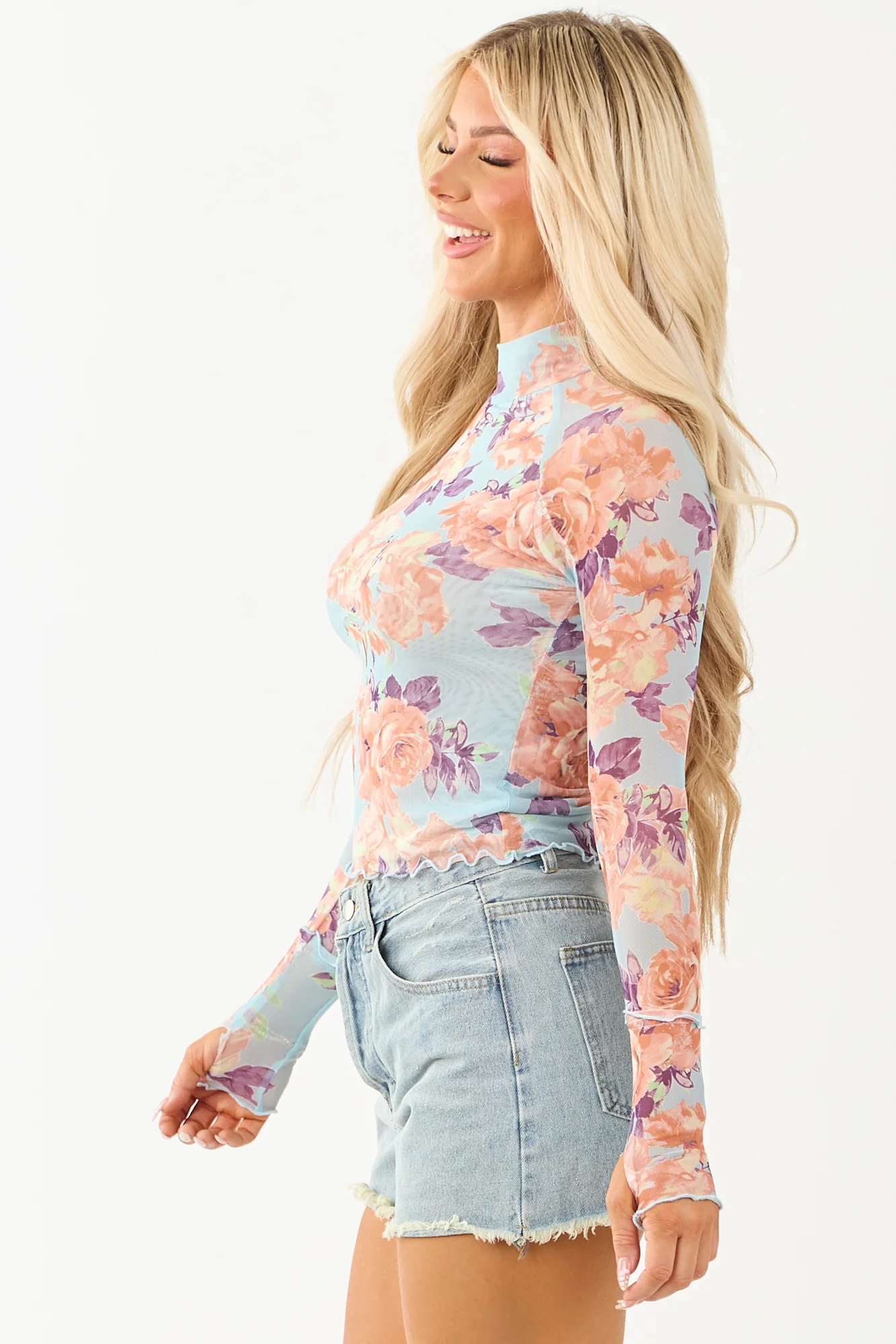 Floral Print Mesh Long Sleeve Top in Sky Blue