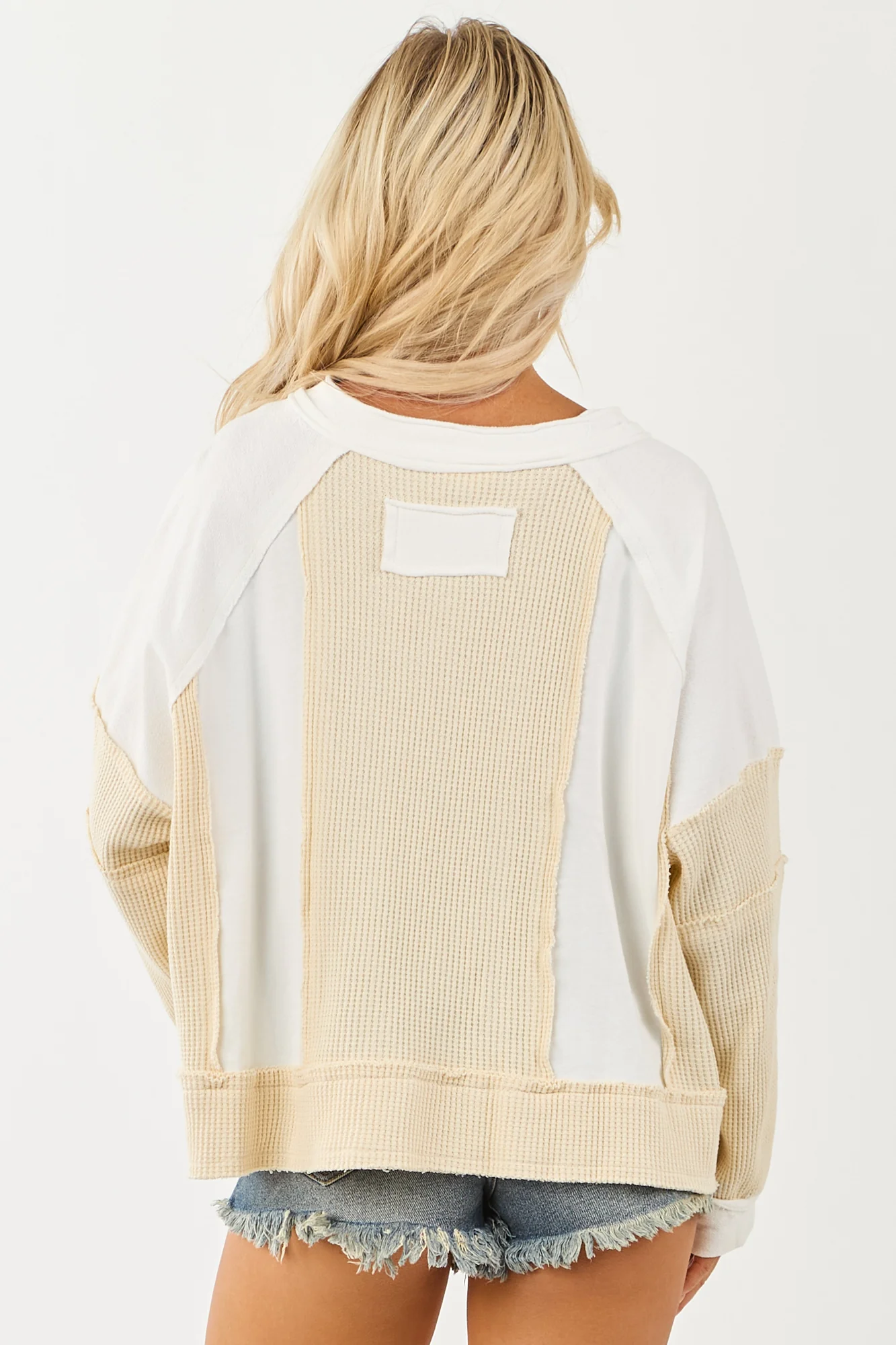 Cream Colorblock Oversized Knit V-Neck Top