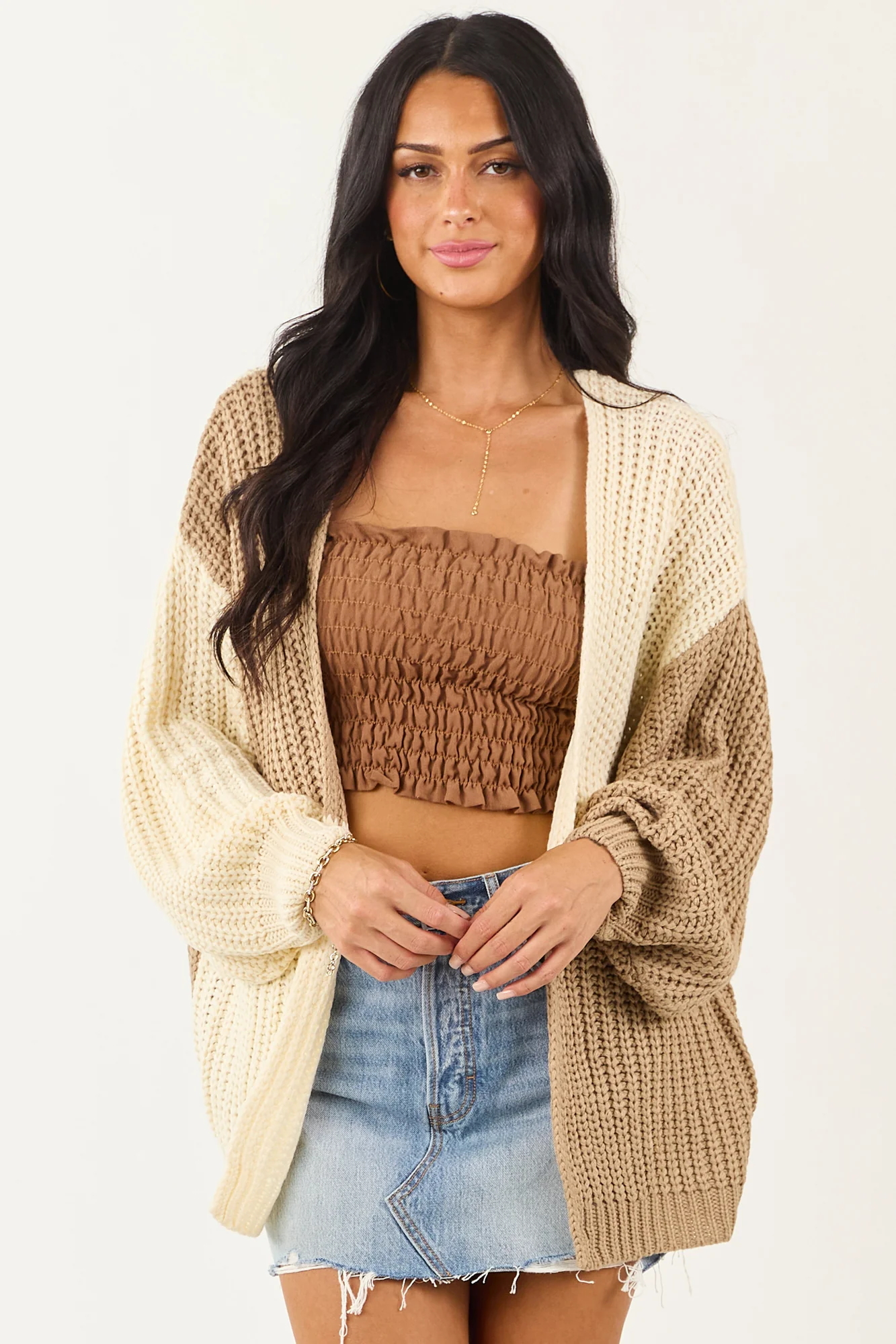Neutral Rib Knit Open Front Cardigan