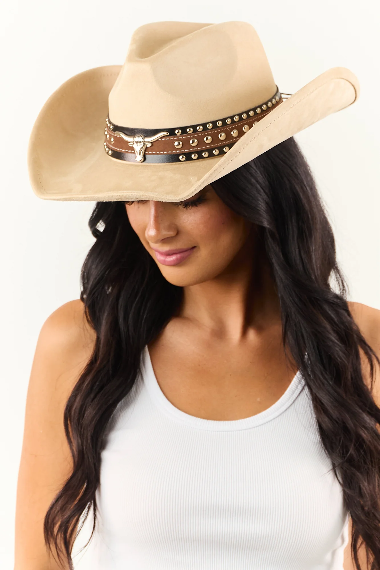 Taupe Faux Suede Cowboy Hat with Stud Detail
