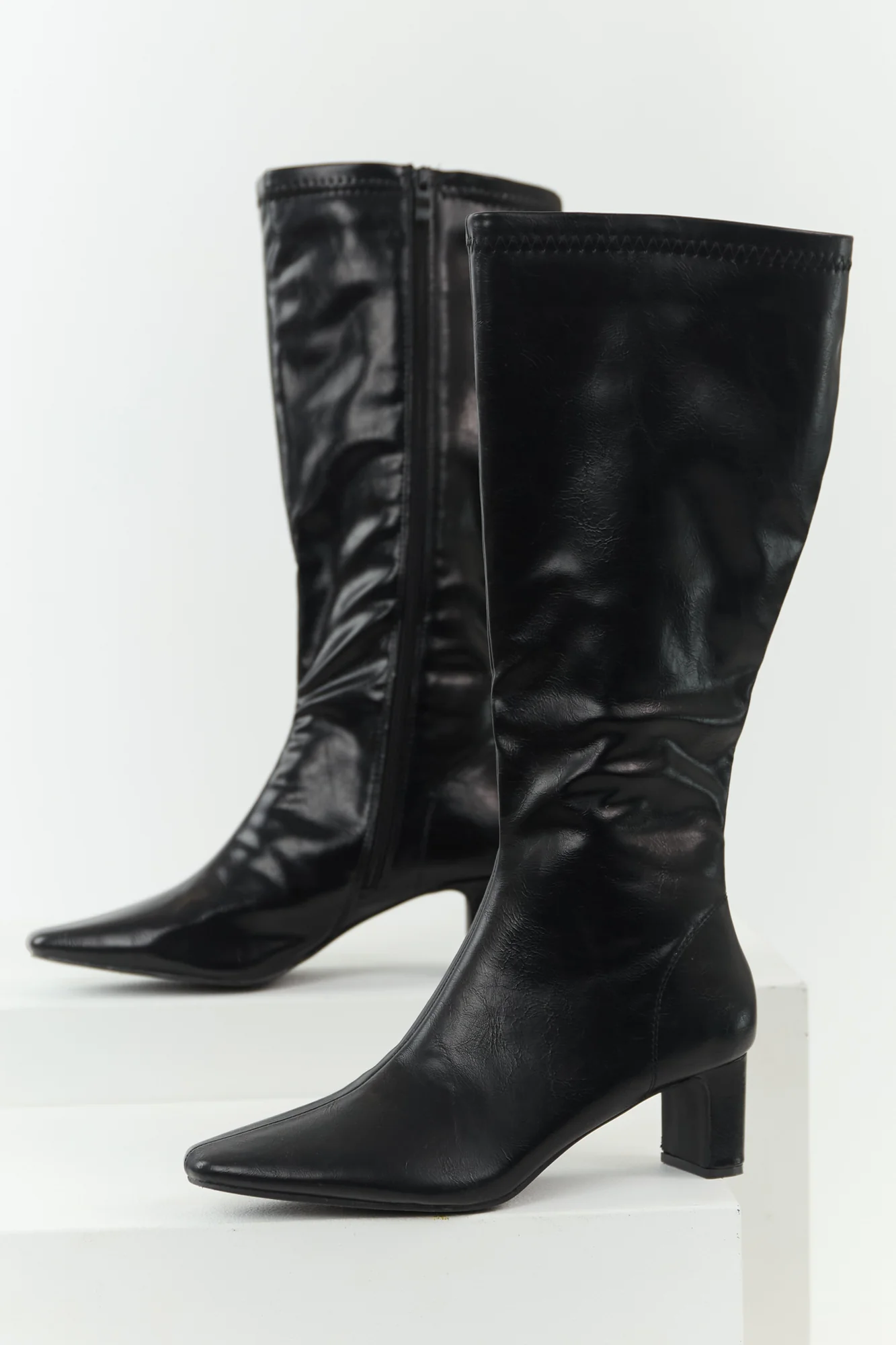 Black Pointed Toe Block Heel Boots - Elegant Faux Leather Design