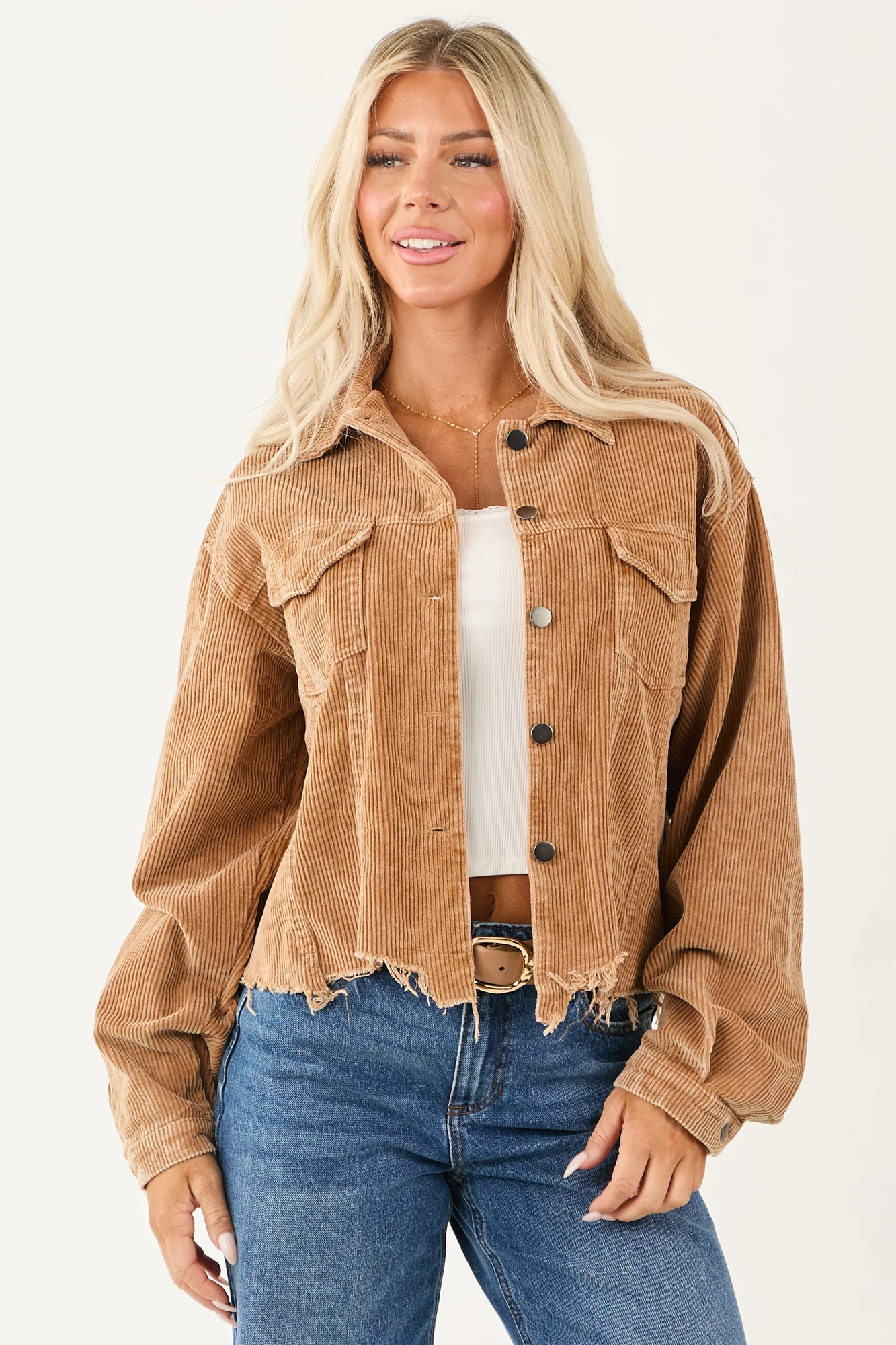 Distressed Brown Corduroy Button Up Jacket