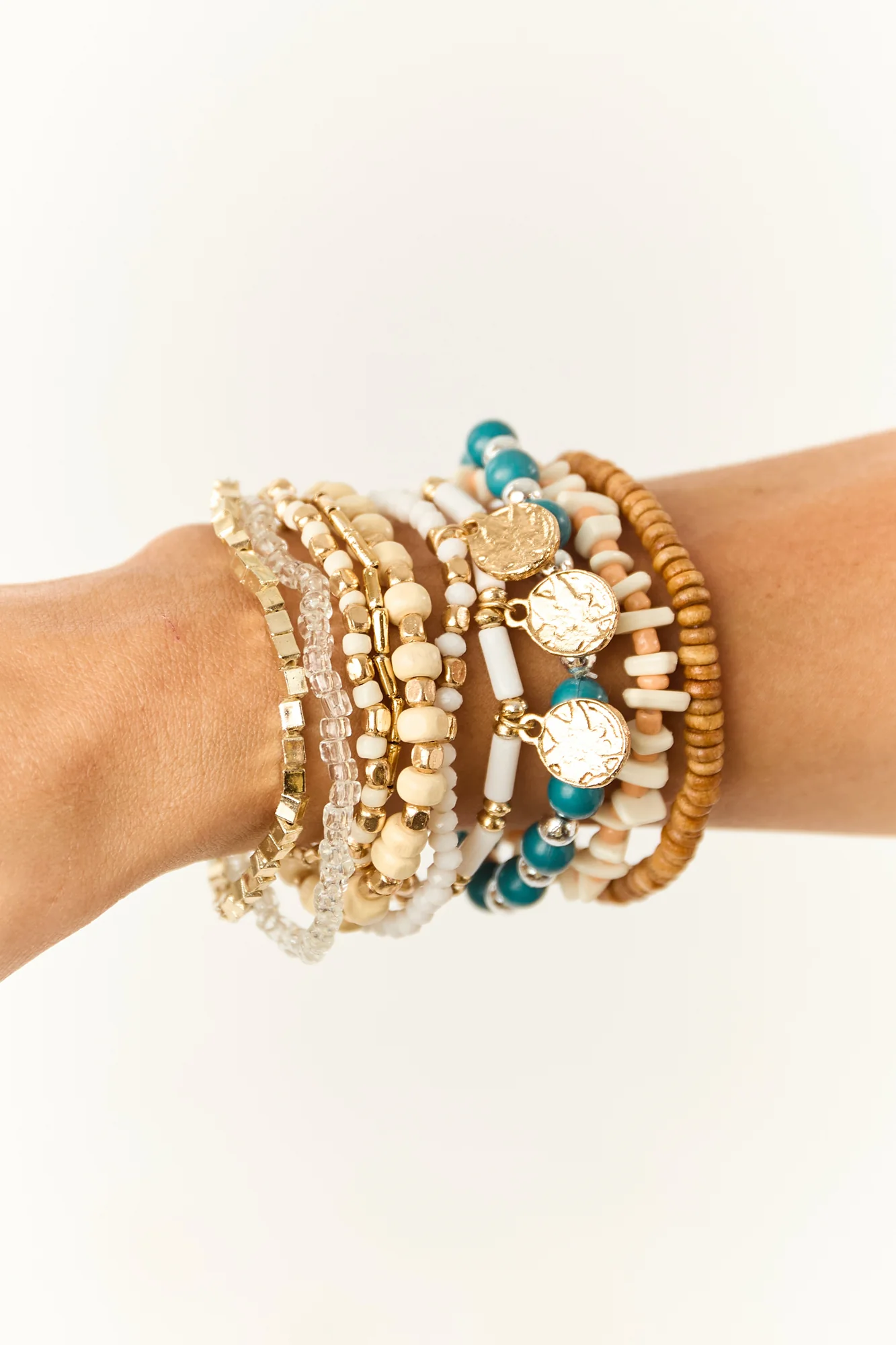 Multi Style Bead Coin Braided Bracelet Set in Golden Hues