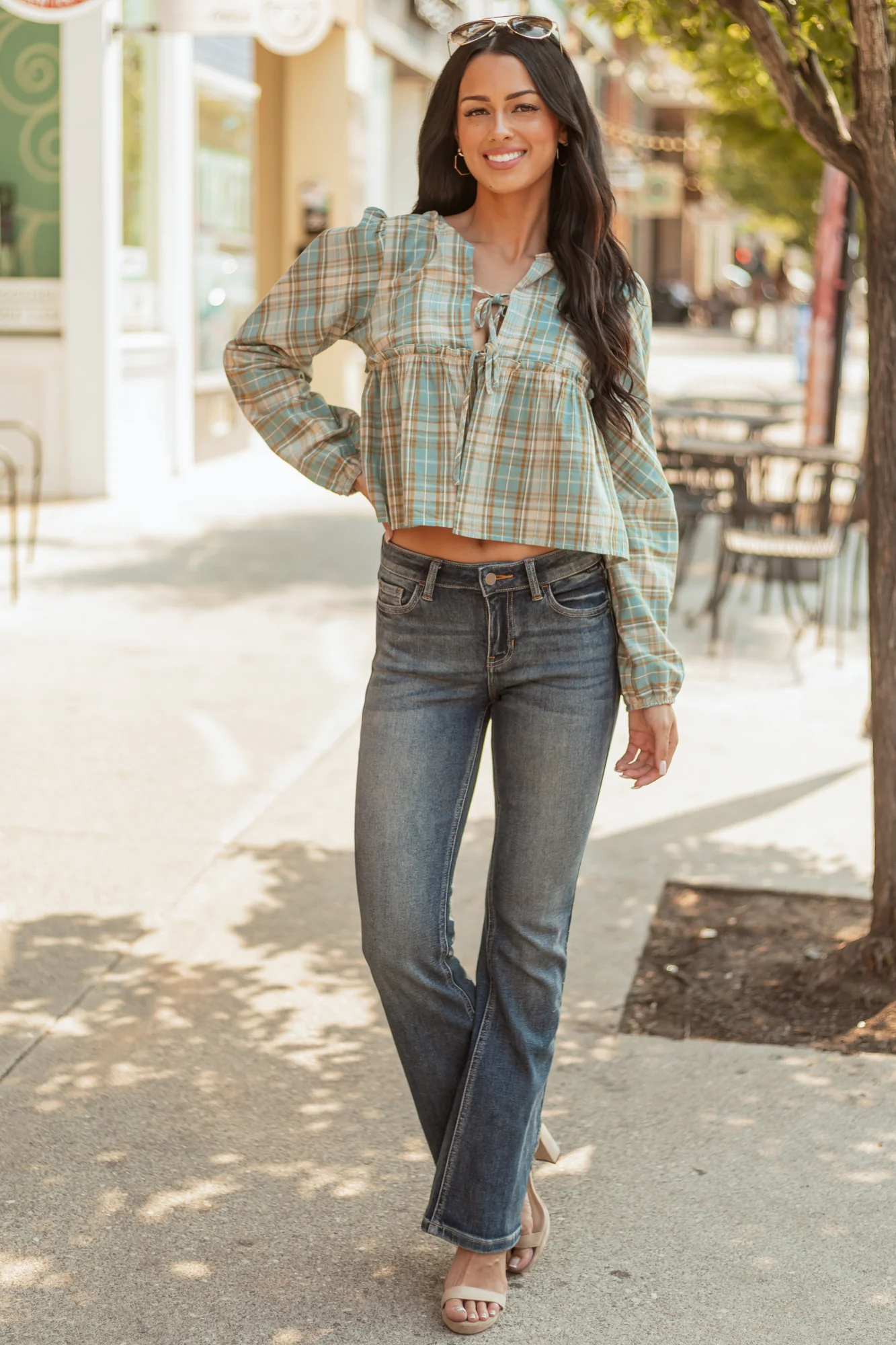 Steel Plaid Cotton Top with Adjustable Tie Closure