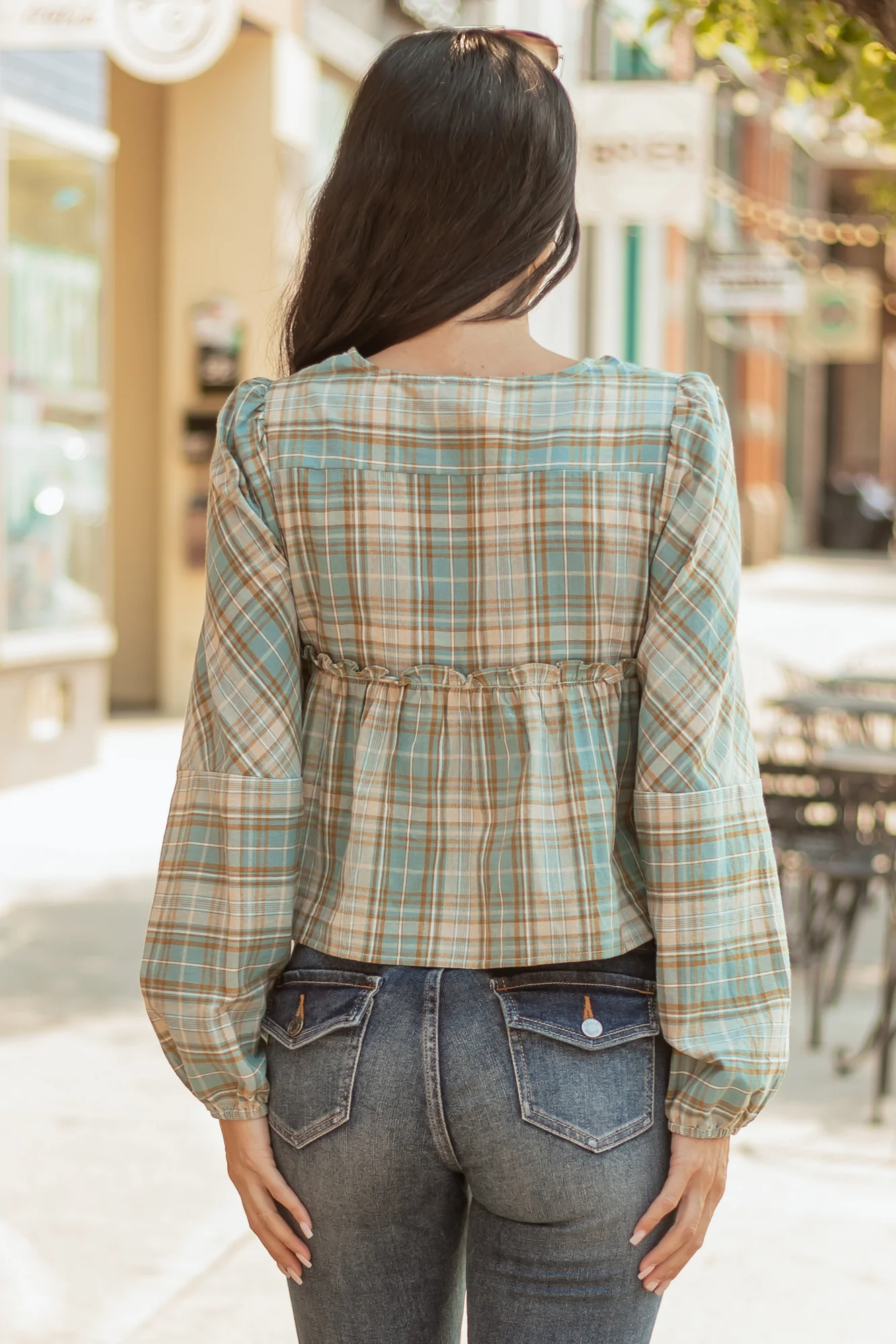 Steel Plaid Cotton Top with Adjustable Tie Closure