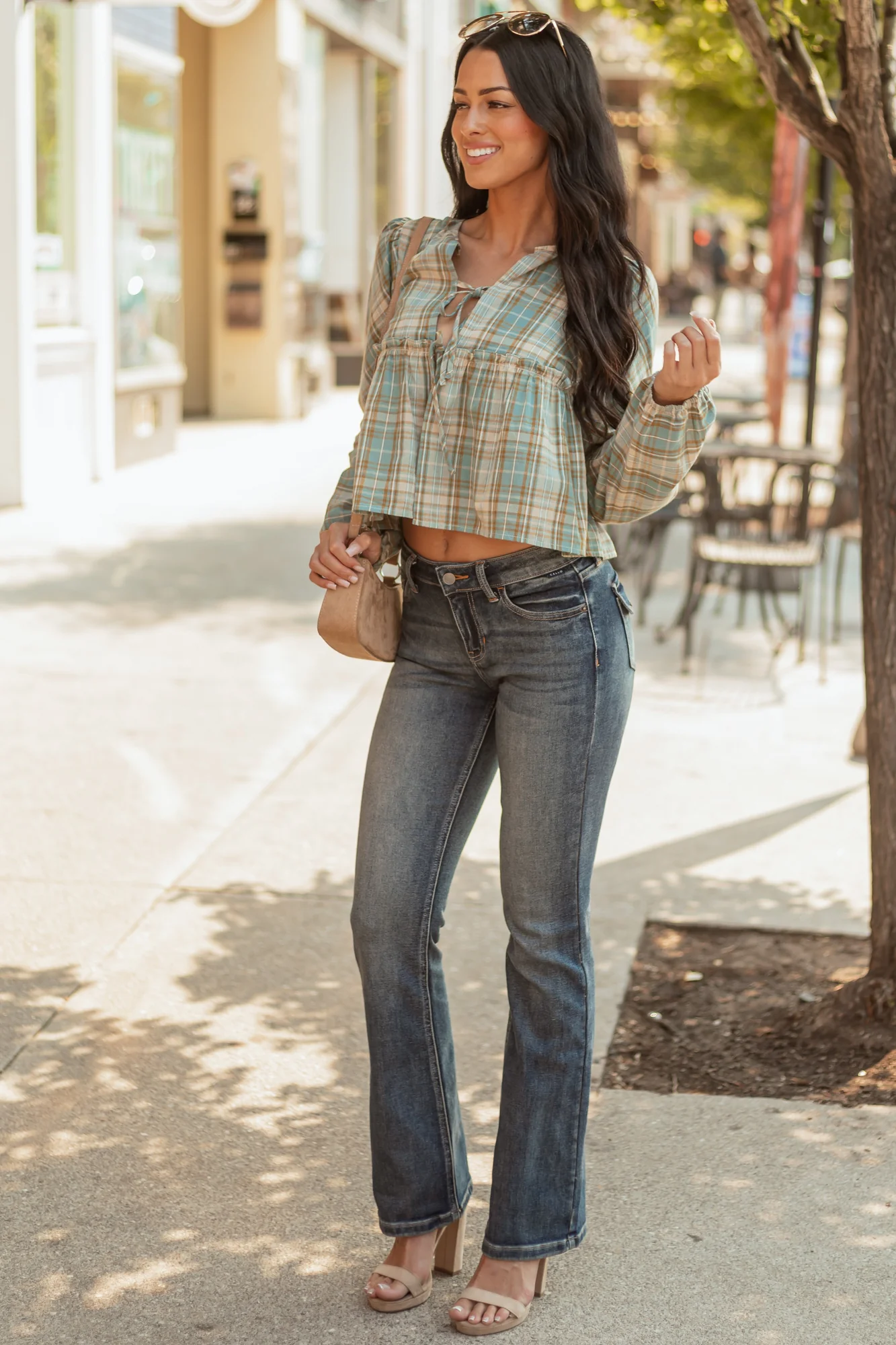 Steel Plaid Cotton Top with Adjustable Tie Closure