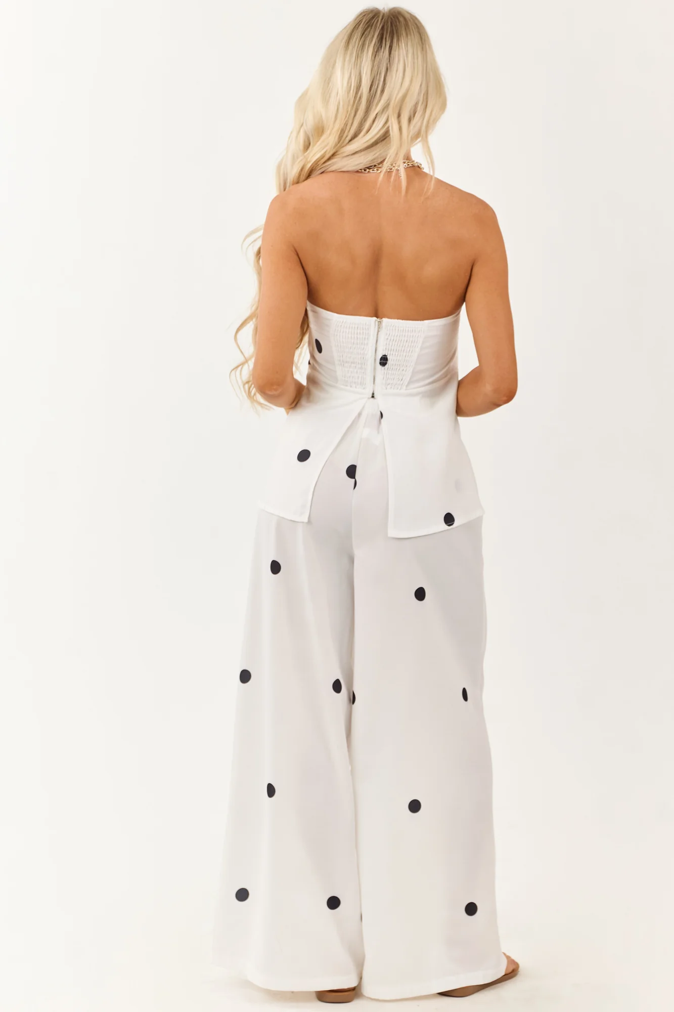 White Polka Dot Strapless Top and Wide Leg Pants Set - Stylish Retro Outfit