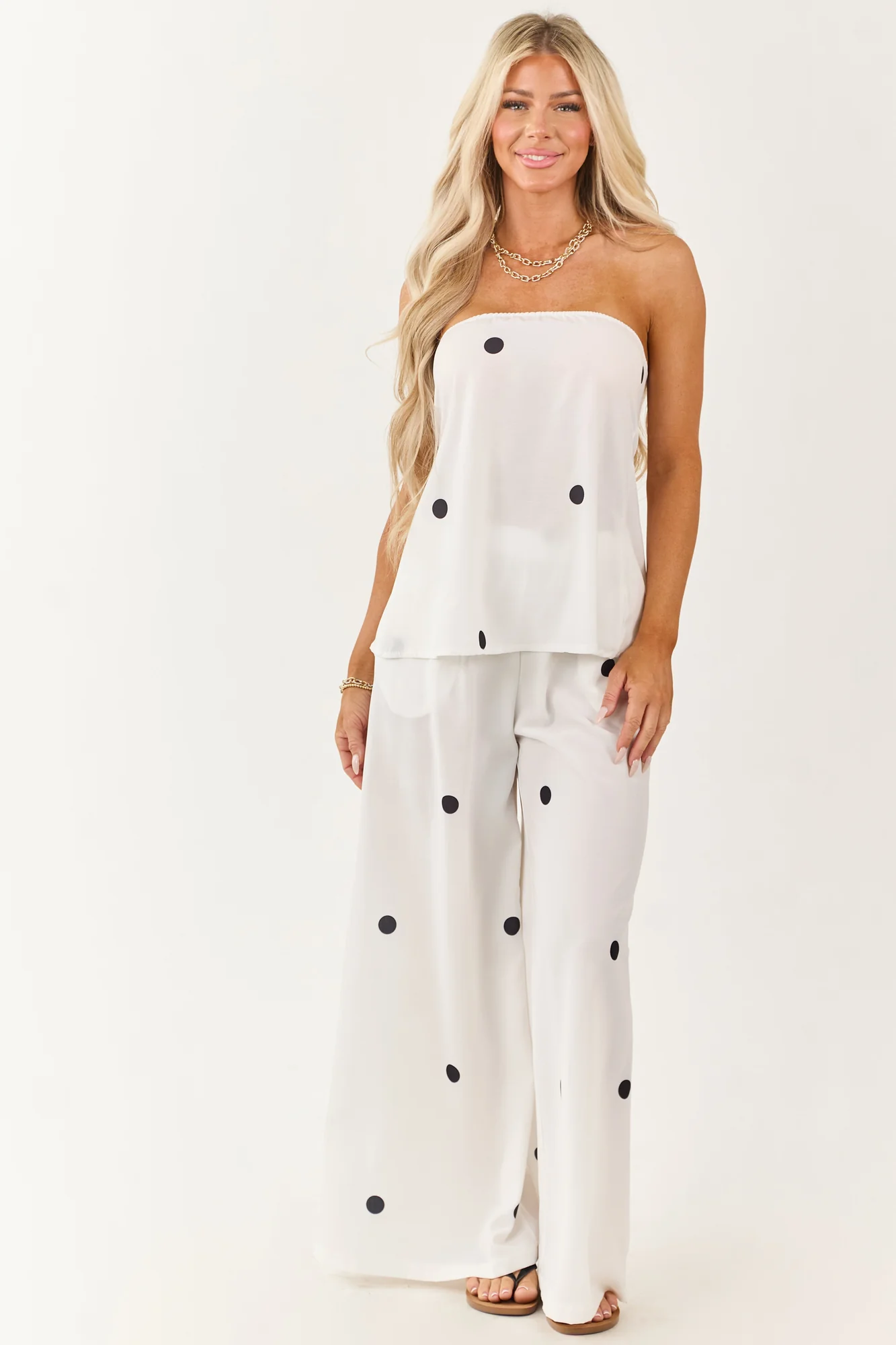 White Polka Dot Strapless Top and Wide Leg Pants Set - Stylish Retro Outfit