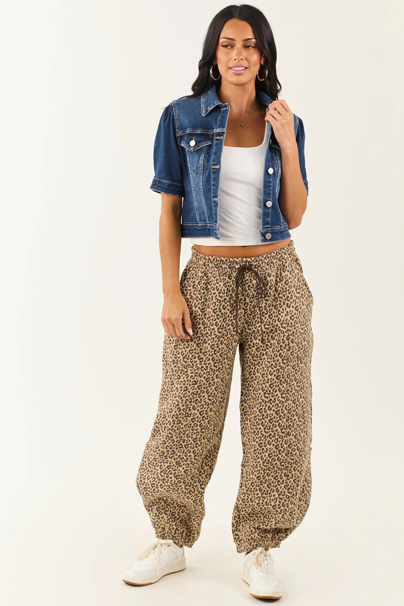 Denim Cropped Jacket with Puff Sleeves in Dark Wash