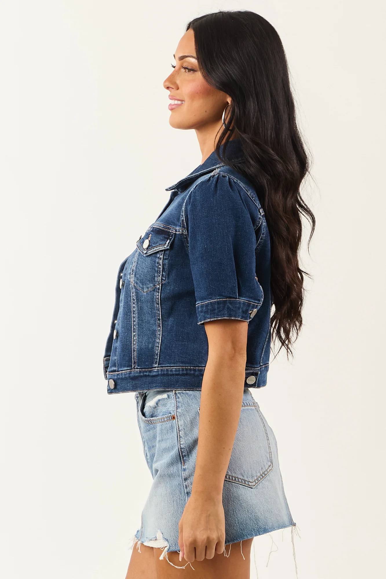 Denim Cropped Jacket with Puff Sleeves in Dark Wash